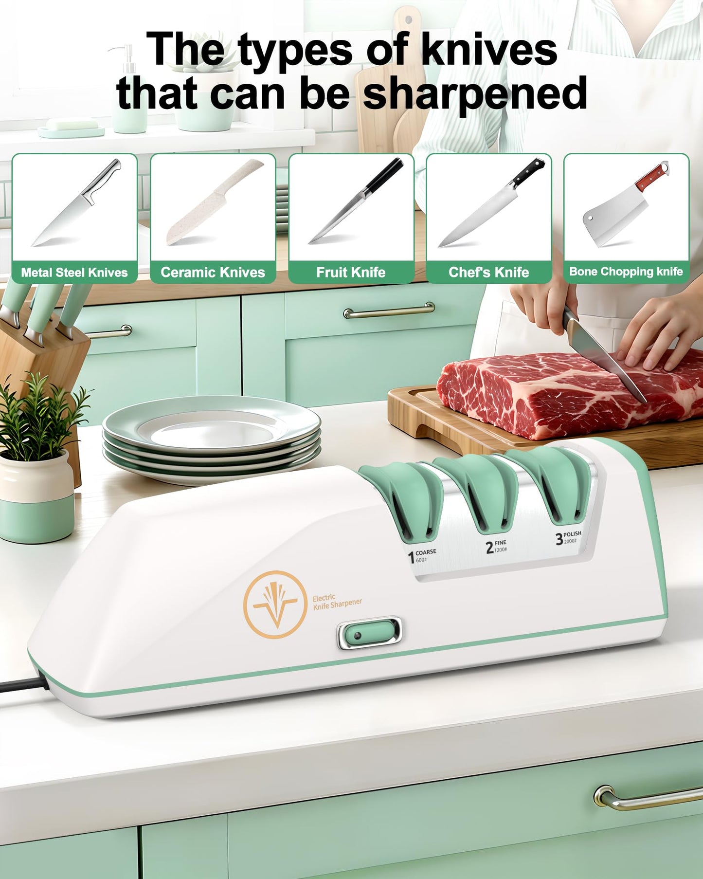 Electric Knife Sharpener with Replaceable Sharpening Head Easy to Change, 3-Stage & 15° Precision Angle Diamond Sharpening System for Metal Knives, Ceramic knives, Exquisite Gifts and Packaging