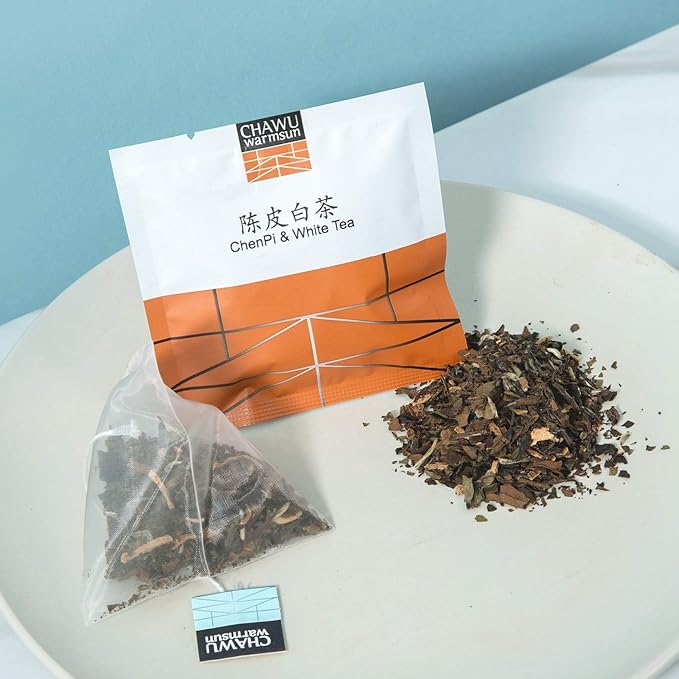 ChaWuWarmSun ChenPi & White Tea Bags,16 Tea bags,8 Count/Box(Pack of 2),3 Years Old ChenPi with ShouMei White Tea Loose Leaf