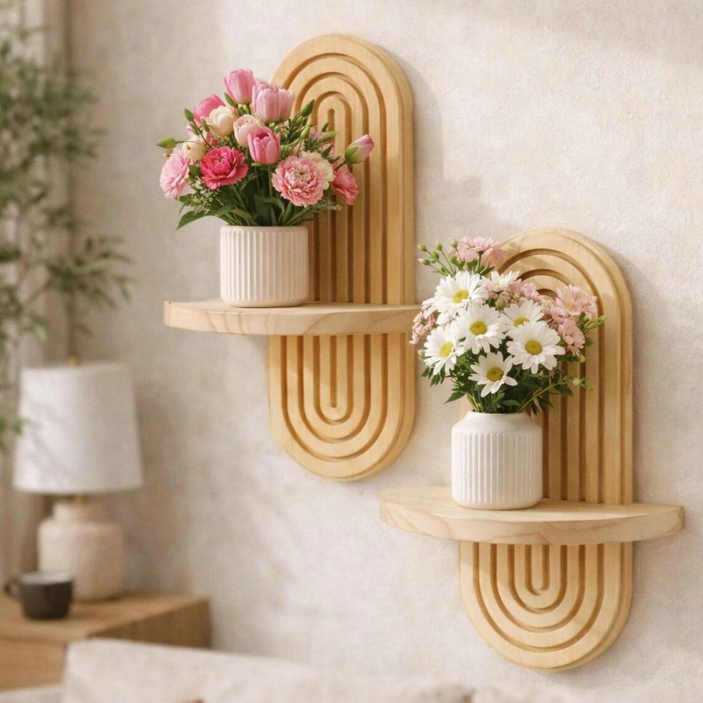 2 Pack Boho Wall Decor Shelf, Solid Wood Arched Wall Shelves, 11.8" X 7.8" Rustic Wall Mounted Shelves for Indoor, Wall Plant Holder for Succulents & Mini Plant Pots (Natural, 11.8" X 7.8")