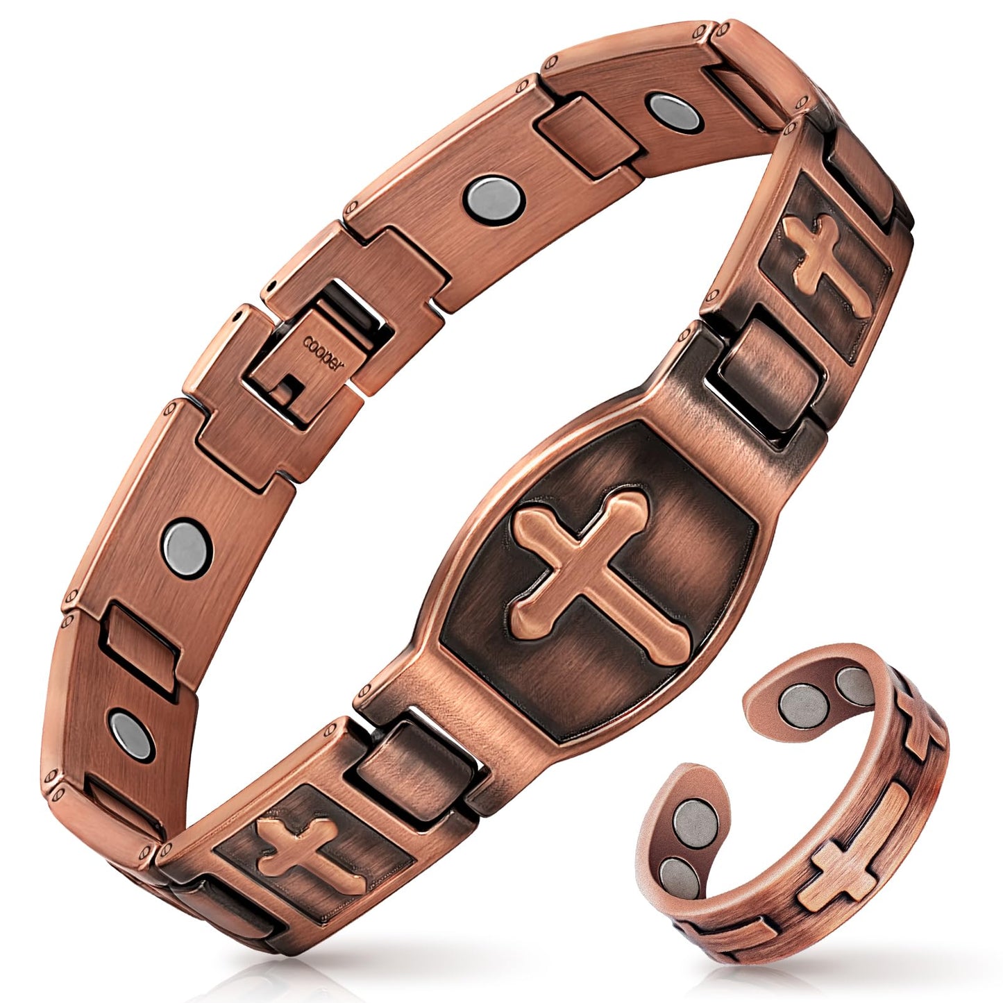 Mahnco Copper Bracelet for Men Ultra Strength Magnets Cross Bracelets for Men Pure Copper Magnetic Bracelet & Ring, Jewelry Gift with Sizing Tool