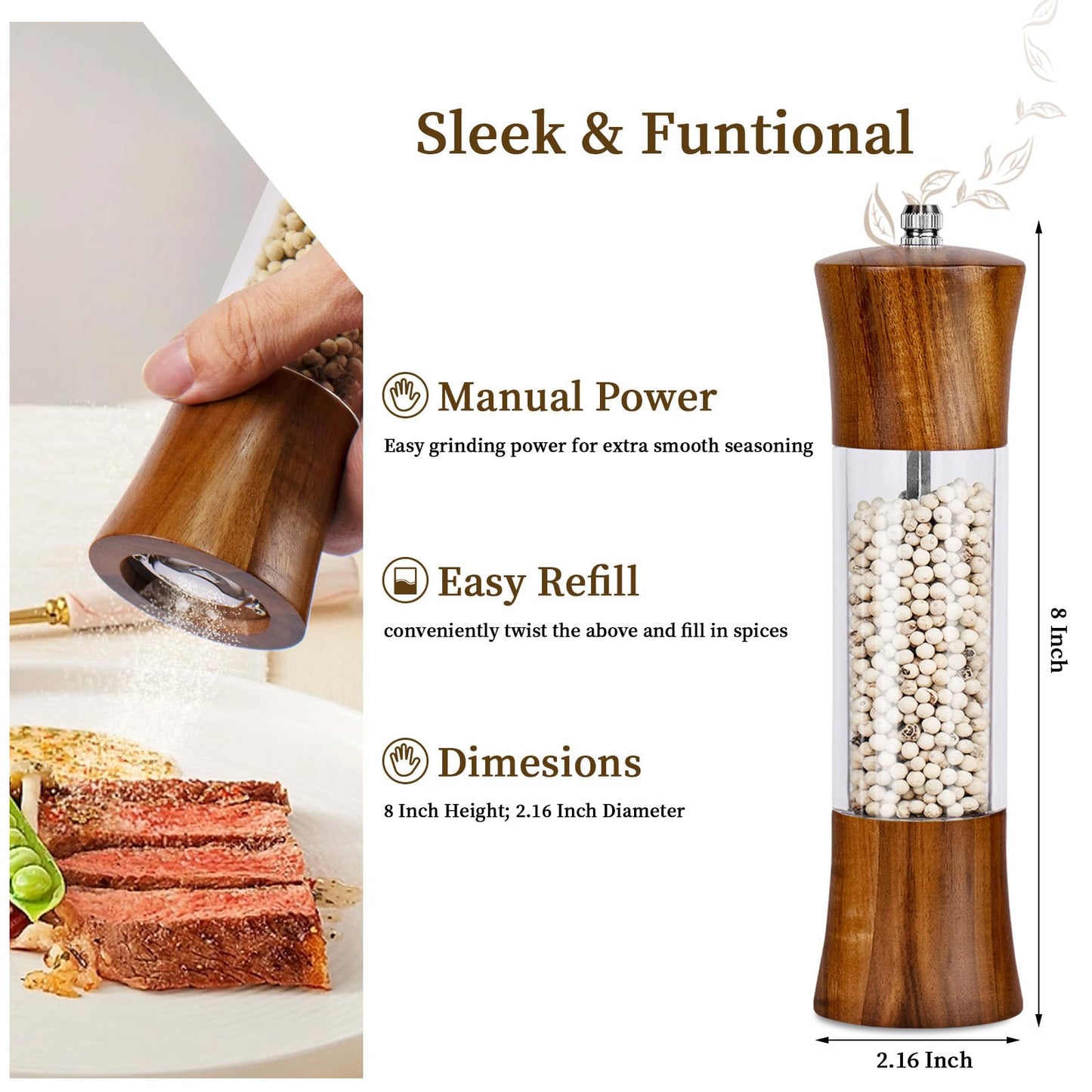 XWXO Acacia Wood Premium Acrylic Salt and Pepper Grinder Set 8 Inches Salt and Pepper Mill Set, Manual Mills- Wooden Shakers with Adjustable Ceramic Core 2 Pack for Kitchen Home Gift