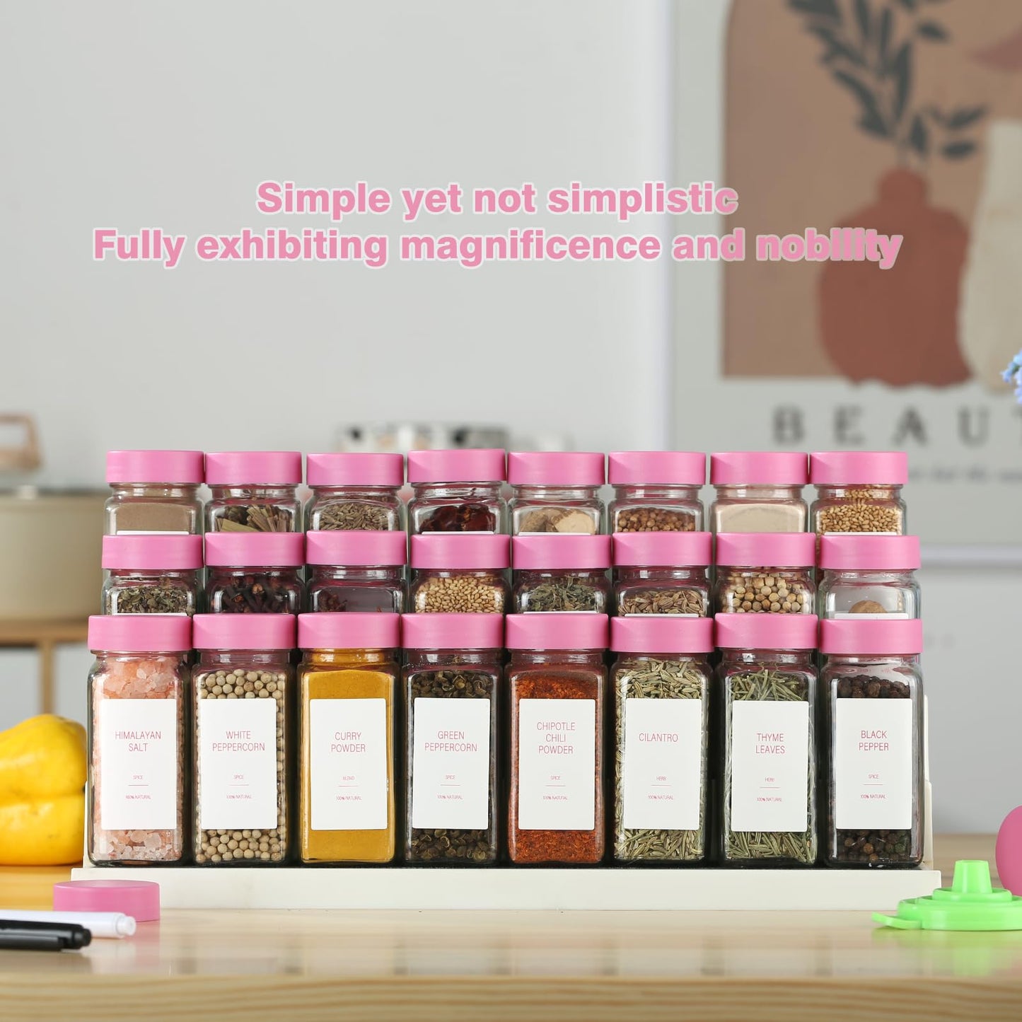 TESUNMU Pink Spice Jars with Label，4oz Seasoning Containers, Glass Spice Bottles with Shaker Lids,Funnel, Chalk Pen(Pink, 36)