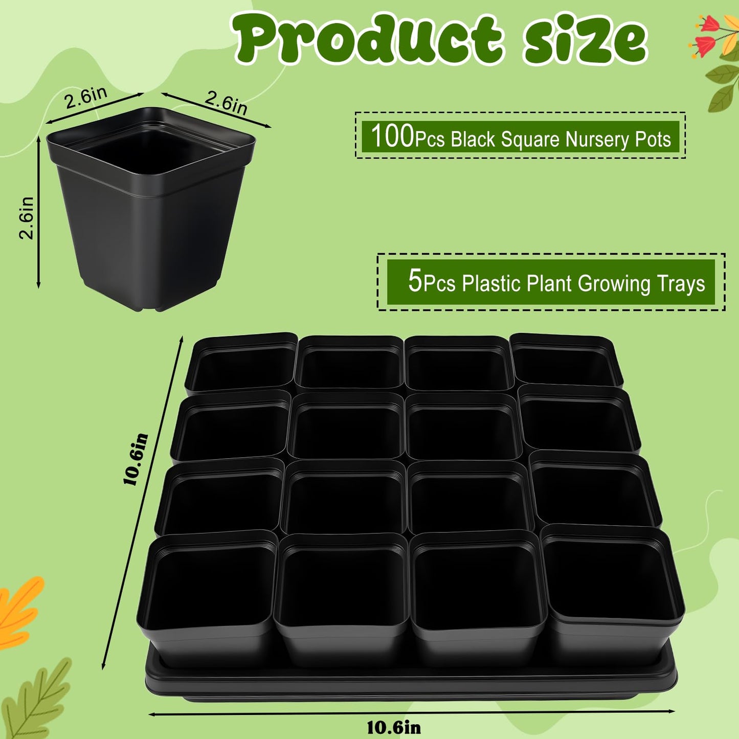 NNG 2.6 inch 100 Pcs Black Square Nursery Pots with 5 Pcs Plastic Seed Starting Trays,Plant Propagation Starter Kit Square Seed Starting Pots with Drain Holes