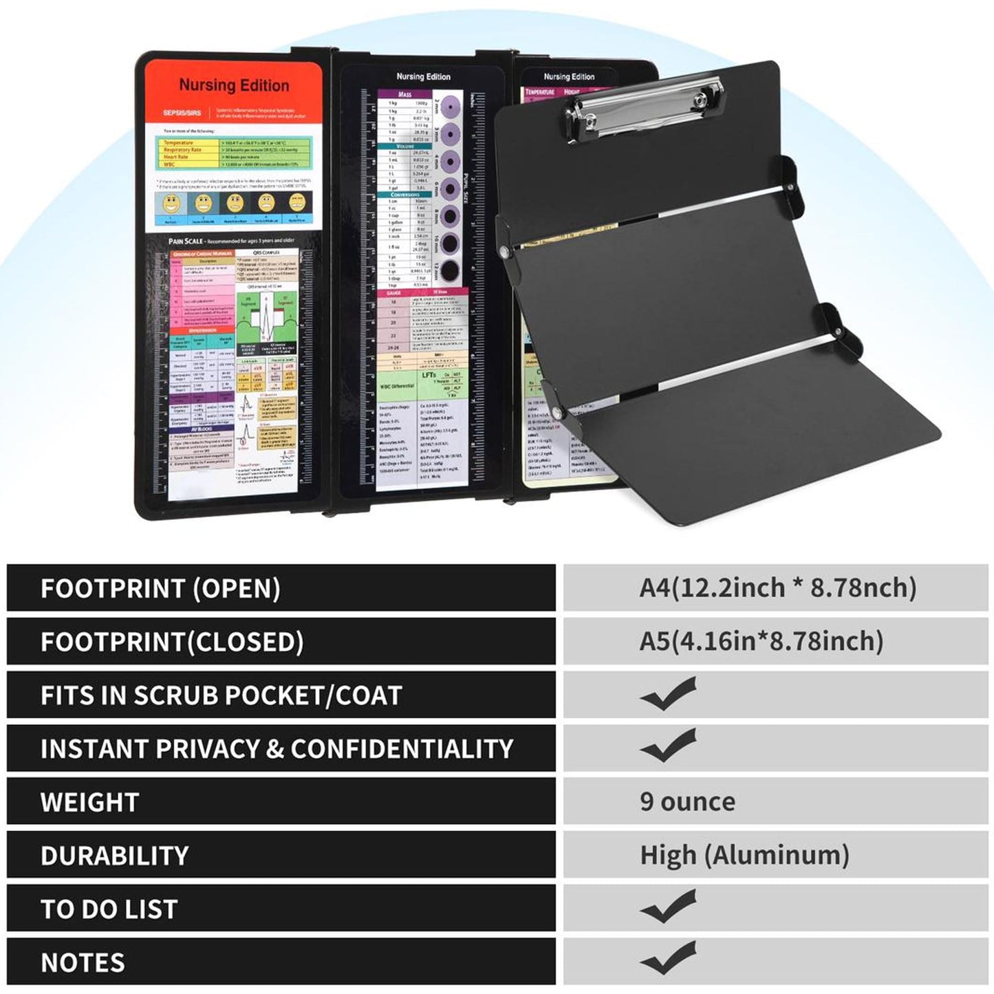 Rokolo Foldable Aluminum Nursing Clipboard with Cheat Sheets - Black (Letter Size, 30 Sheet Capacity)