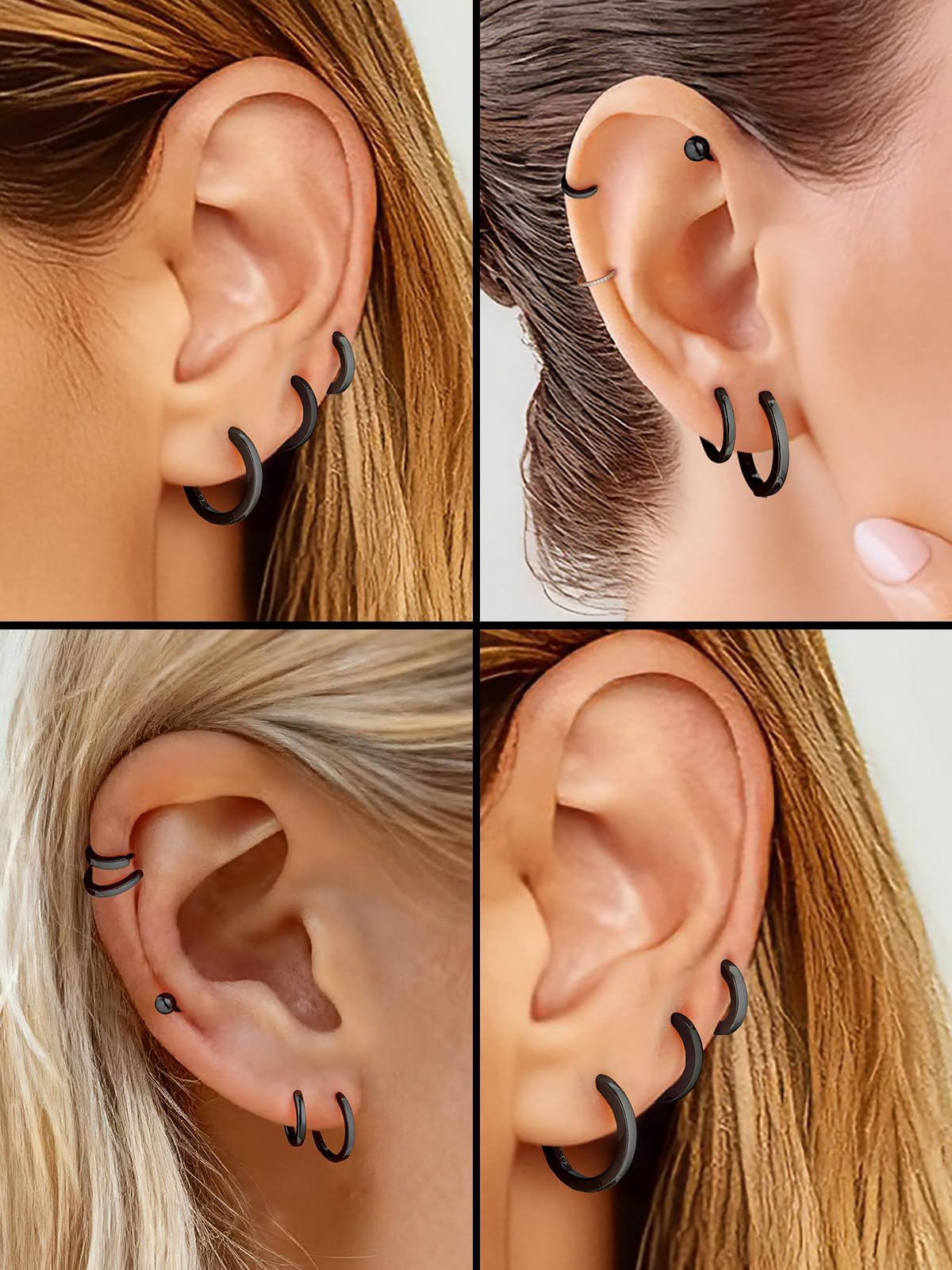 SILVERCUTE 925 Sterling Silver Huggie Hoop Earrings for Women,Hypoallergenic Black Small Hoop Earring Cartilage Earring Lightweight Huggies Earrings for Women,8/10/12mm