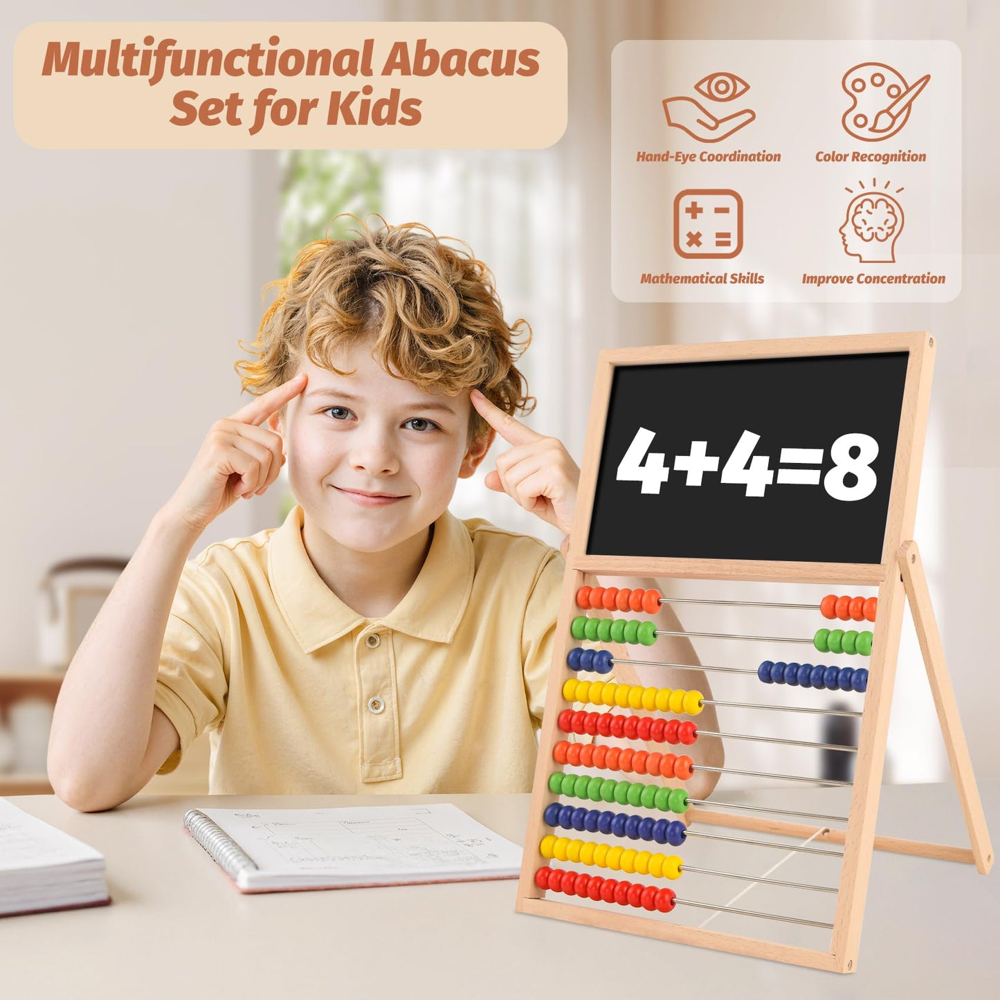 Ranqibo Wooden Abacus for Kids Math - Double-Sided Blackboard Whiteboard Magnetic Abacus with 100 Magnetic Number & Fruit Stickers - Educational Counting Games Kids Gift