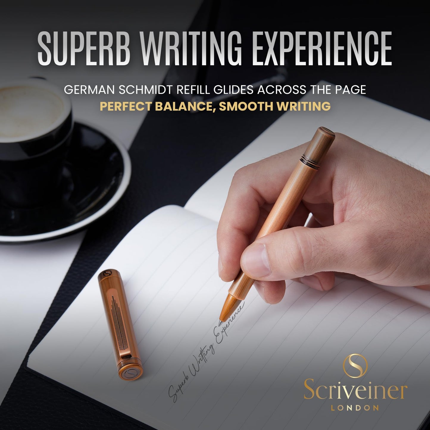 Scriveiner EDC Luxury Rollerball Pen, Stunning Heavy Pocket Pen, Hand Brushed Copper Finish, Cool Writing Pen, Best Pen Gift for Men, Women, German Schmidt Refill, Nice Fancy Office Designer Pen Set