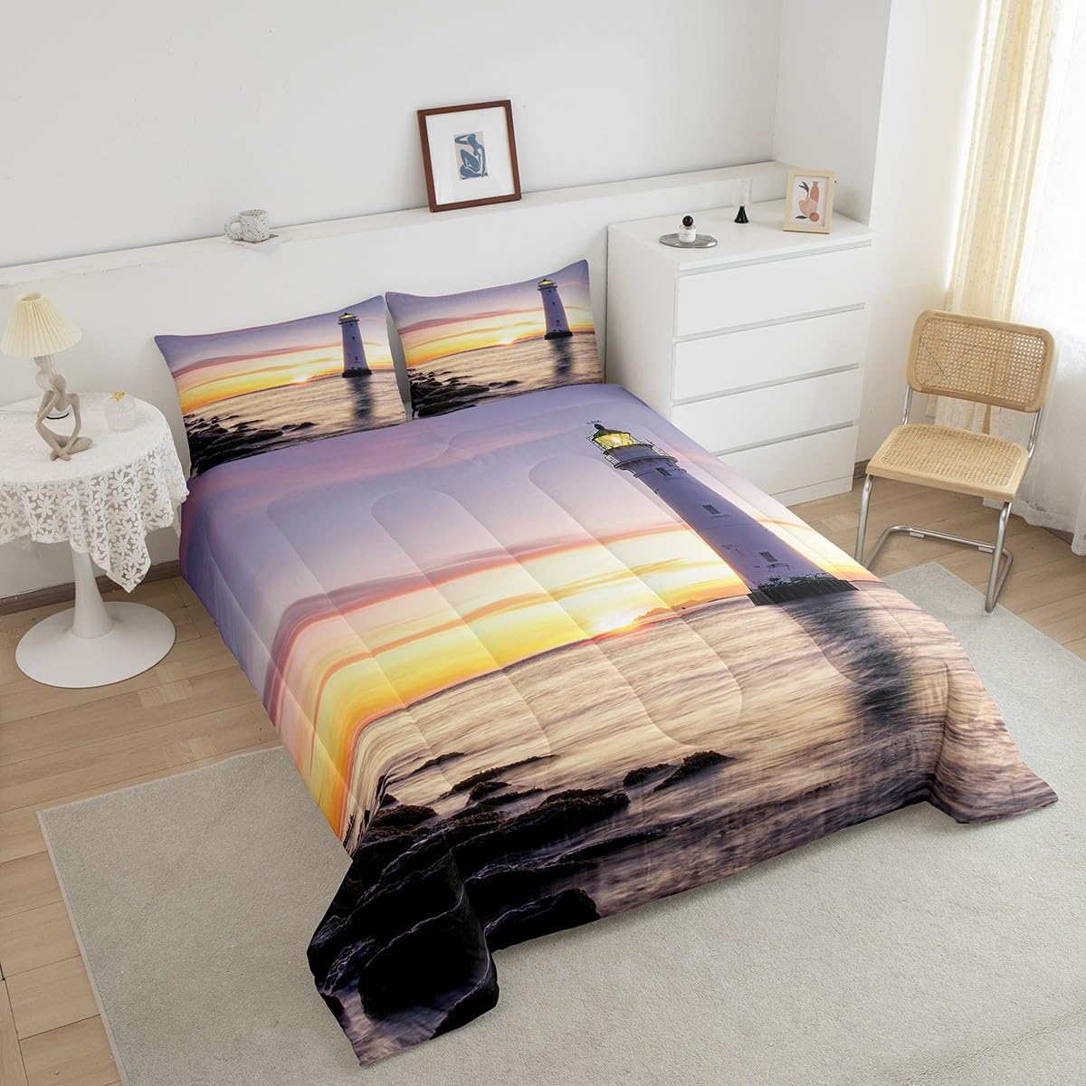 Castle Fairy White Lighthouse Comforter Set Queen Size Natural Sea Sunset Bedding Set Bedroom Decor Coastal Scenery Quilt Set Comfortable and Breathable 3D Lighthouse Duvet Insert with 2 Pillowcases
