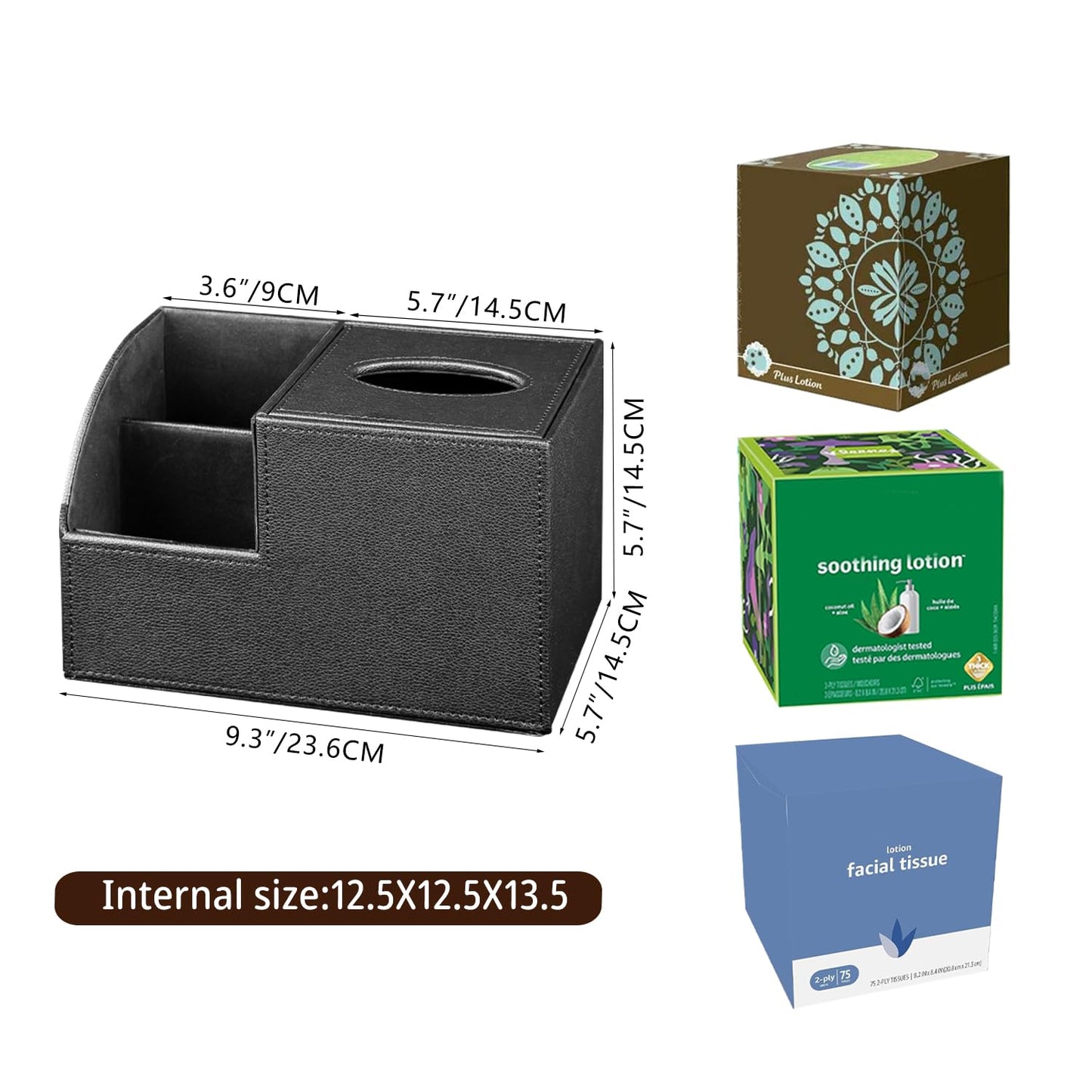 PU Leather Square Tissue Box Cover - Multi-Functional Tissue Box Holder, Tissue Box Cover with Storage,Tissue and Remote Control Holder, Cube Tissue Box Organizer Bedroom Nightstand End Table