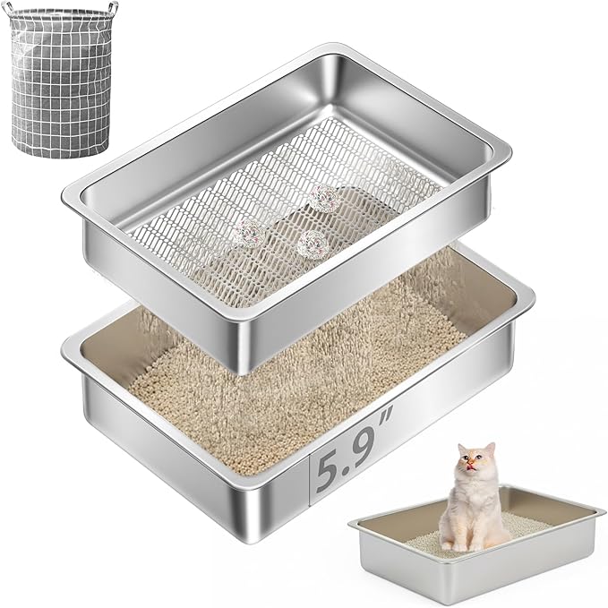 Teheao Stainless Steel Sifting Cat Litter Box for Clumping Litter, XL Extra Large Metal Sifter Tray Pan with Cat Litter Bag, Low Dust, Odor Control, Easy Cleaning (23.6"*15.7"*5.9")