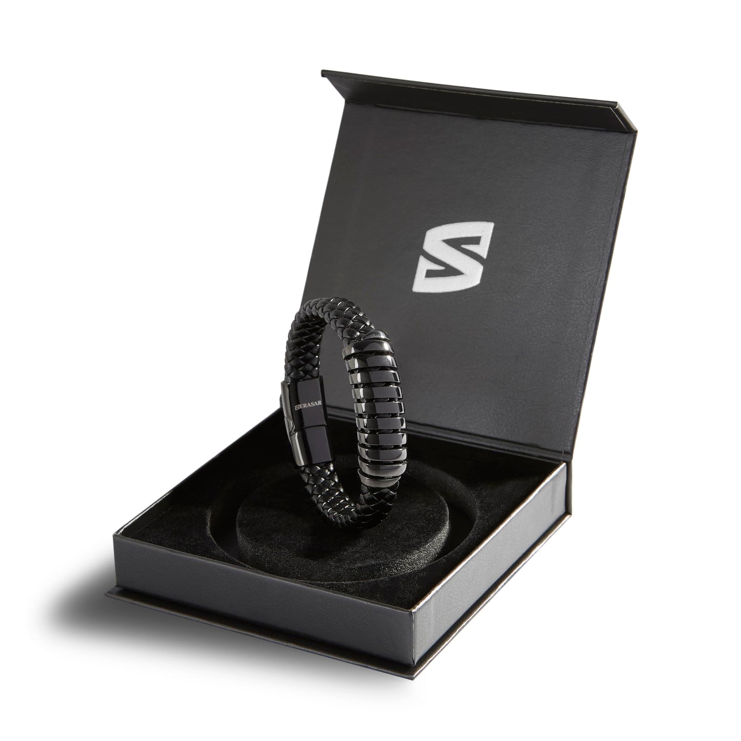 SERASAR Mens Leather Bracelet 20cm Black Men Gift Box Genuine Braided Adjust Able Magnetic Clasp Multi Layer Wrap Rope Man Mans Bracelets Jewelry Magnet Accessories