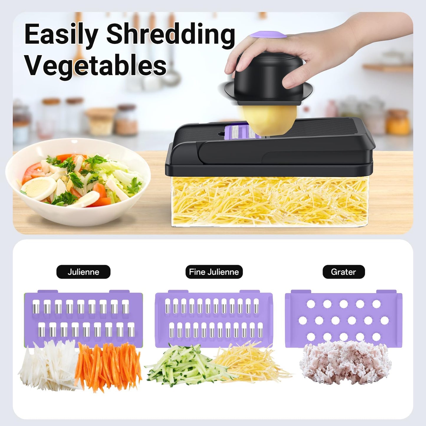 SpaceHacks 12-in-1 Vegetable Chopper, Kitchen Gadgets with 7 Blades, Veggie, Food, Onion Chopper, Cucumber Slicer, Versatile Mandoline, Includes Egg Separator & Finger Guard, Purple