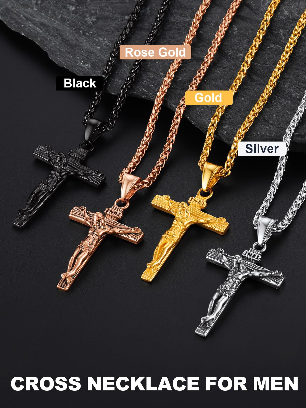 U7 Crucifix Cross Necklace Stainless Steel Crucifix Necklace Cross Pendant for Men with Rope Chain 24"(Silver)