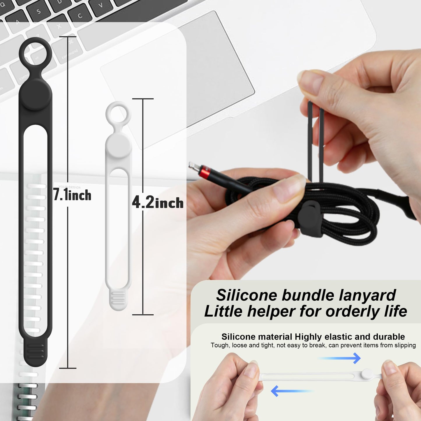 Nearockle Silicone Cable Ties Cord Organizer Cable Management, 16Pcs 4.2" and 7.1" Reusable Cable Organizer Electronic Accessories for Home, Office, Kitchen, School, Travel(Black&White)