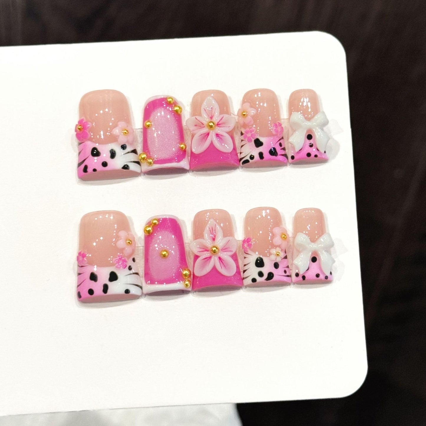 10 Pcs Duck Shaped Handmade Press on Nails Pink French Style with 3D Flower & Bow Designs Multi-Layer Gel Salon Quality False Nails Thick Acrylic Nails Short Stick on Nail for Women (S)