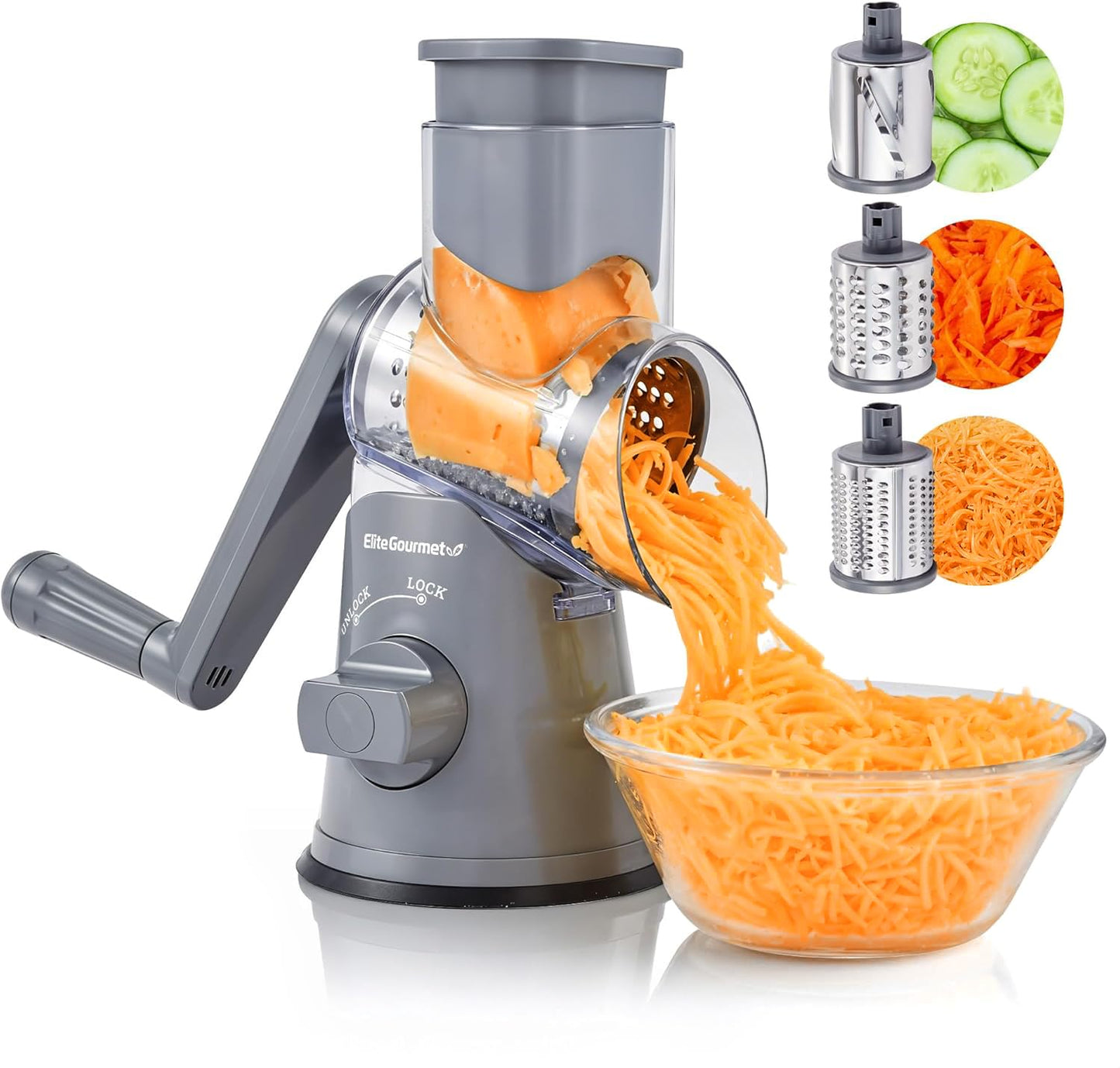 Elite Gourmet EFP593 Rotary Cheese Grater with 3 Stainless-Steel Blades for Slicing, Shredding & Fine Shredding, Strong Suction Base, Dishwasher-Safe, Grey