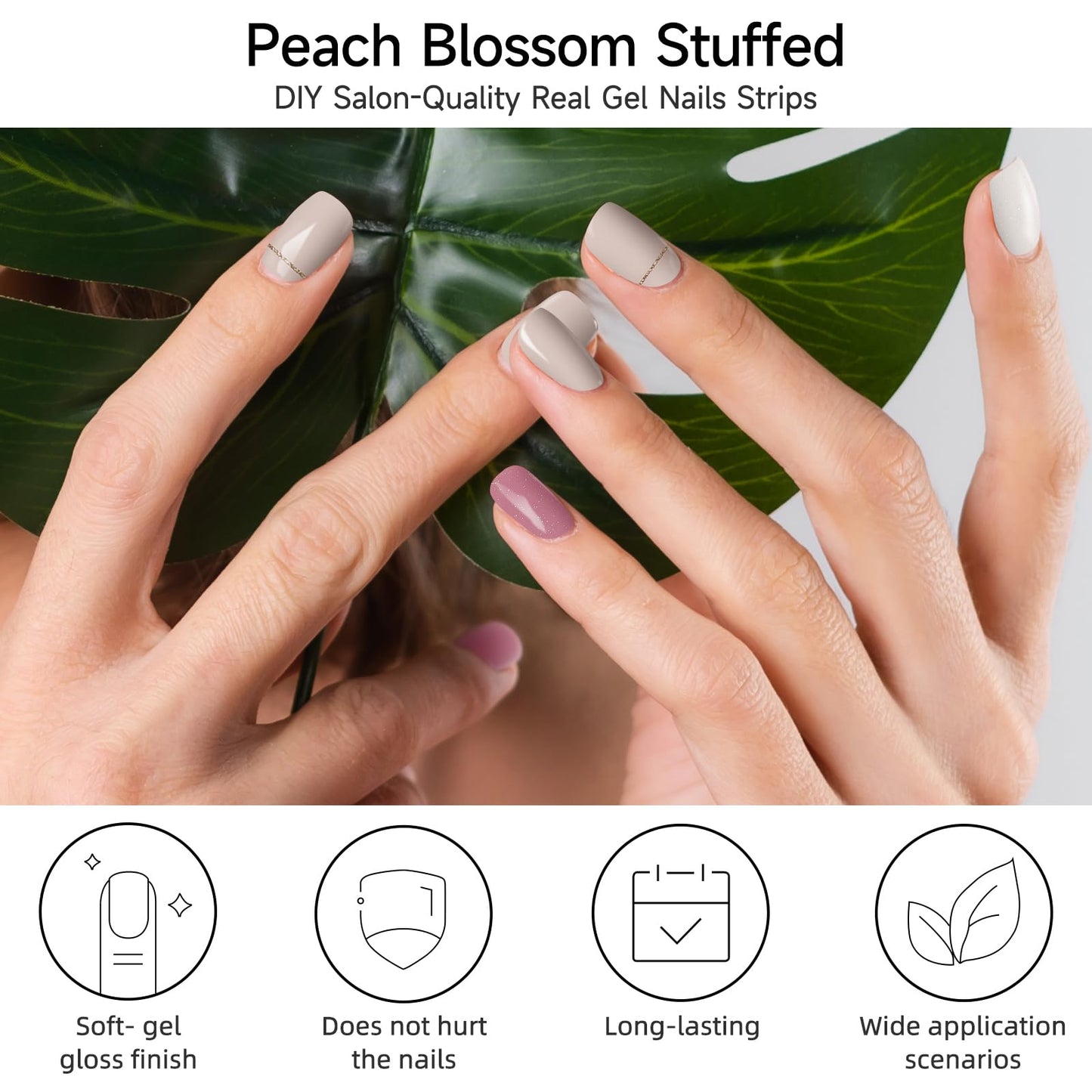 DUKASOU Semi Cured Gel Nail Strips 28 pcs Glitter Nail Stickers for Women (Peach Pink) Full Nail Wraps -UV Lamp Required Long Lasting Easy to Apply