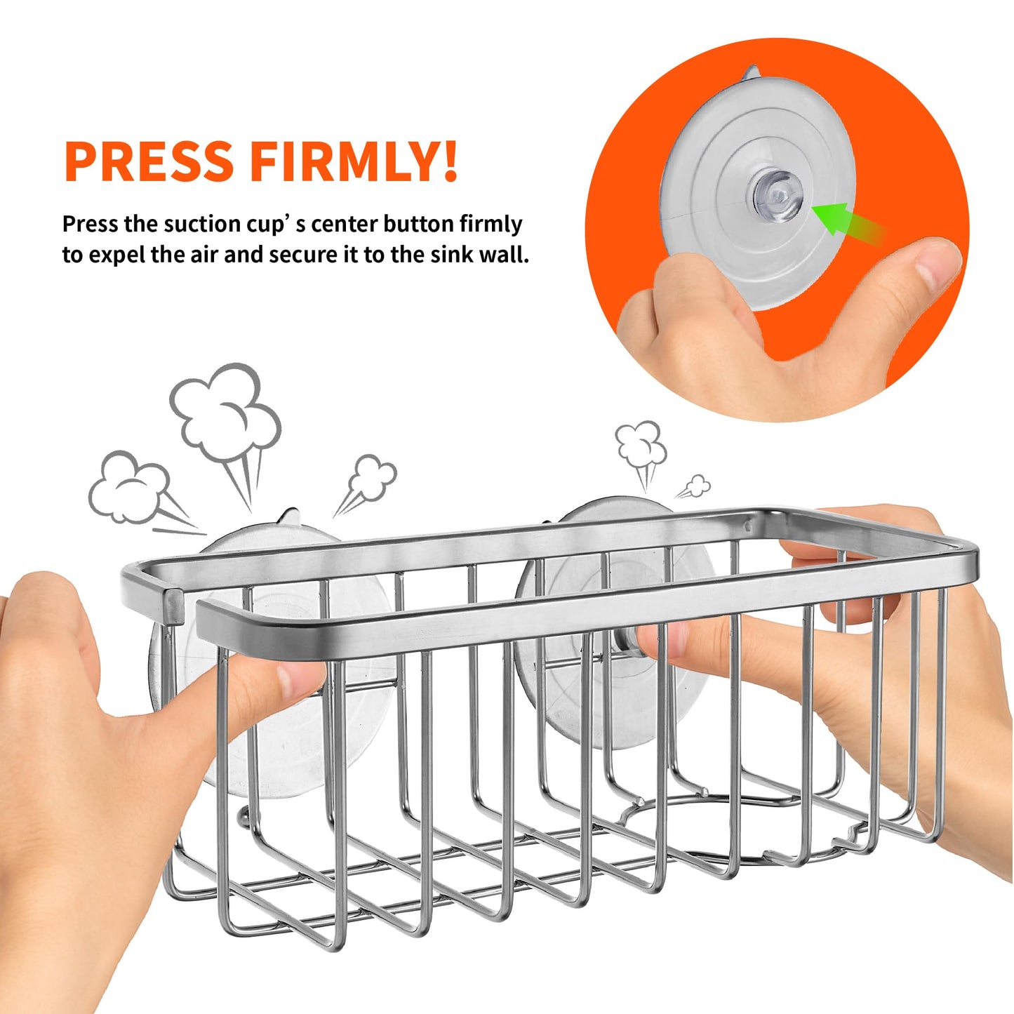 SunnyPoint NeverRust Deluxe Kitchen & Bathroom Sink Sponge Holder Organizer with Adhesive Mount - Additional Suction Cup Included – Sponge & Brush NOT Included – 7.4 x 3.3 x 2.75 Inch