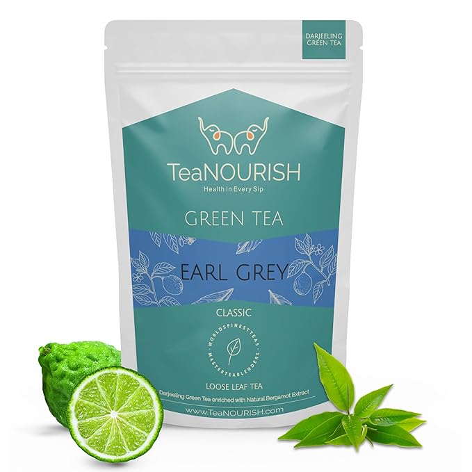 TeaNOURISH Earl Grey Green Tea | Darjeeling Loose Leaf Tea Enriched with Natural Bergamot Extract | 100% NATURAL | 50 Cups Hot or Iced Tea - 3.53oz/100g