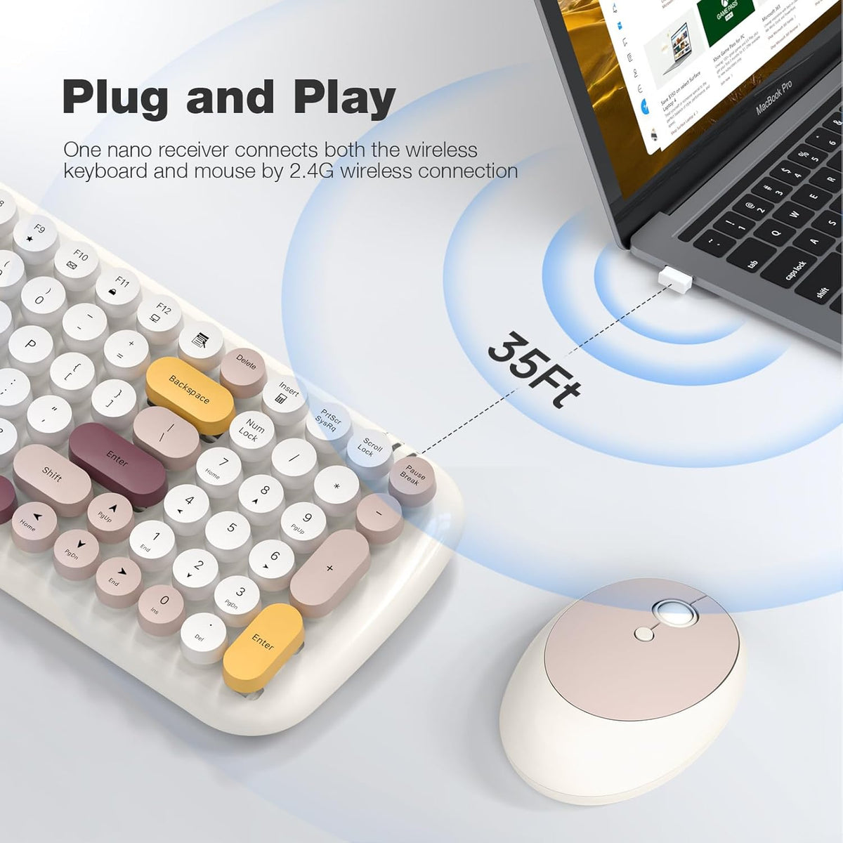 KNOWSQT Wireless Keyboard and Mouse Combo, Light Beige 100 Keys 2.4 GHz Round Keycap Typewriter Keyboards, USB Receiver Plug and Play, for Windows, PC, Laptop, Computer, Desktop