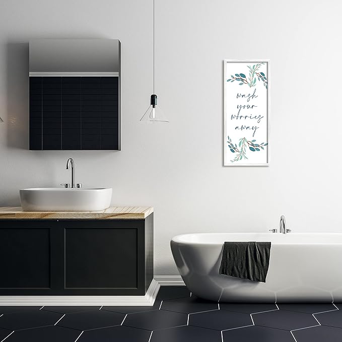 Stupell Industries Wash Your Worries Away Bathroom Phrase Blue Plants, Designed by Kim Allen White Framed Wall Art, 13 x 30