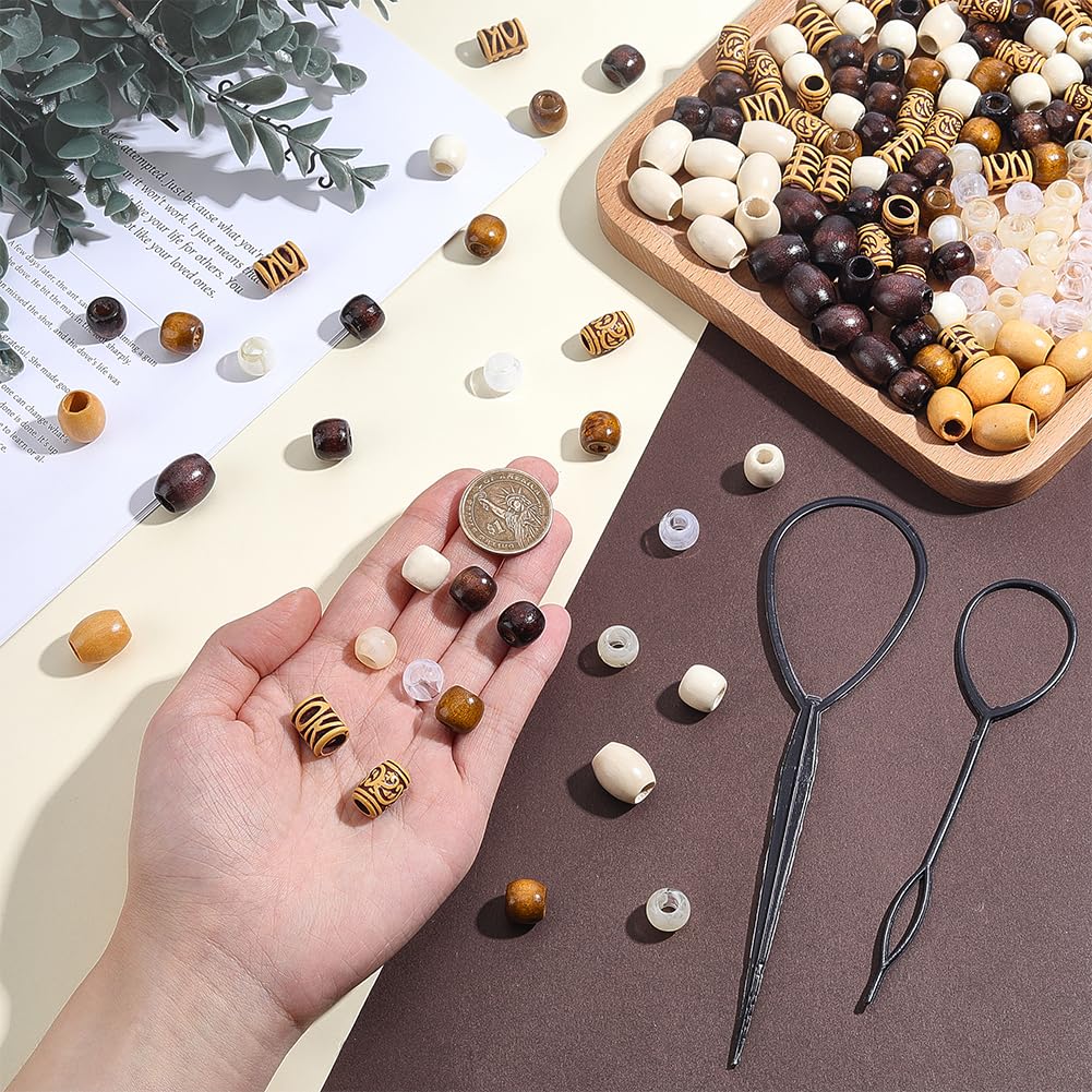 PH PandaHall 190PCS Wooden Hair Braid Beads 10 Styles Loc Dreadlock Jewelry African Tube Bead Rondelle Beads Large Hole Macrame Bead with Plastic Hair Braiding Tool for Jewelry Making Necklace
