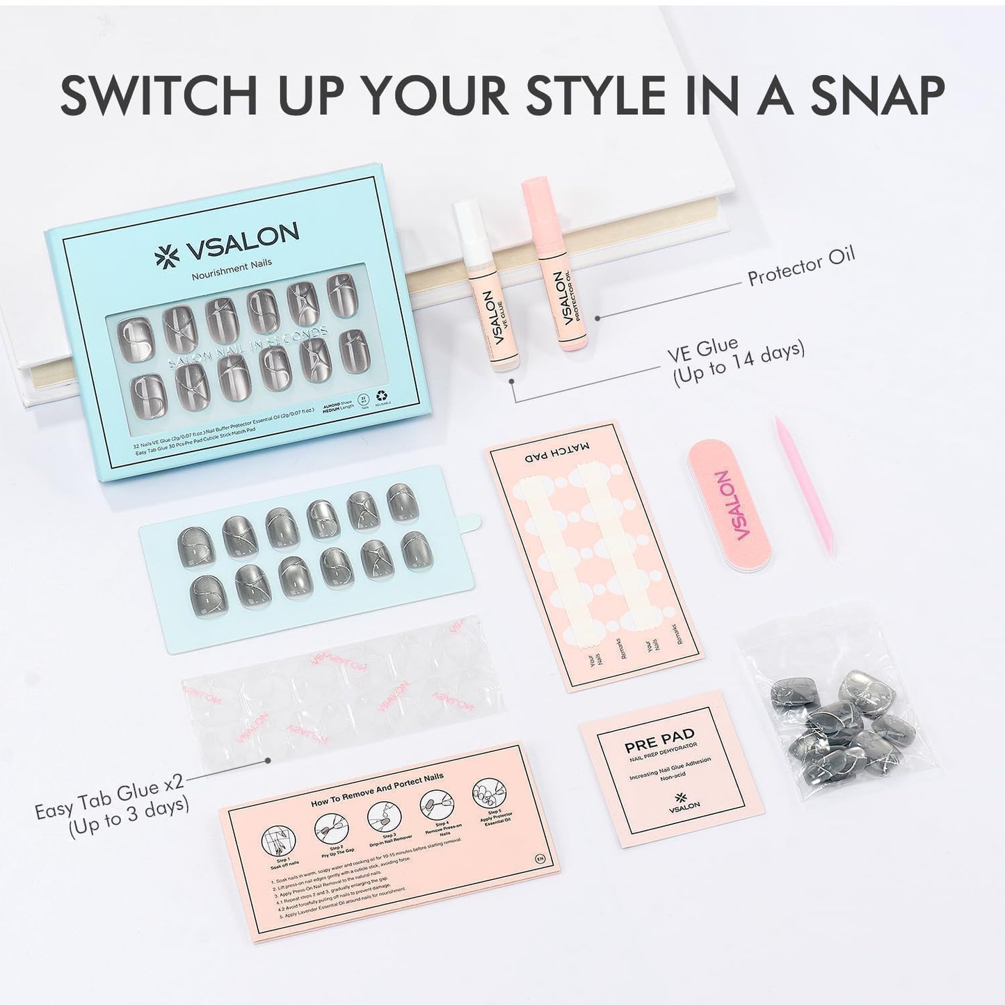 VSALON Square Short Press on Nails, Silver Gray 3D Urban Punk Style Cat Eye Nail Kit & Blue Cat Eye Mini Pack