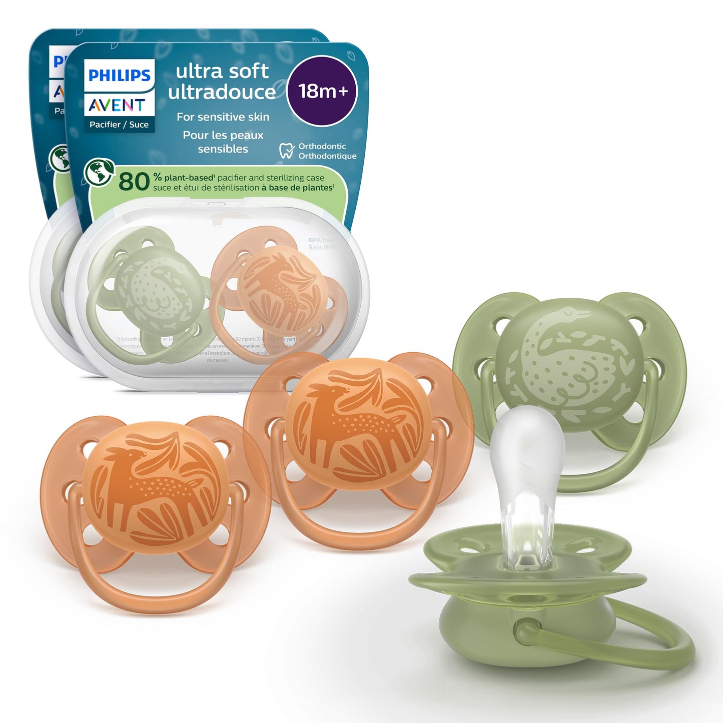 Philips Avent Ultra Soft Pacifiers - Orthodontic Design, for Babies 18 Months+, Flexible Shield, Extra-Firm Silicone Symmetrical Nipple, BPA-Free, with 2 Sterilizing Cases, 4 Pack, SCF093/07