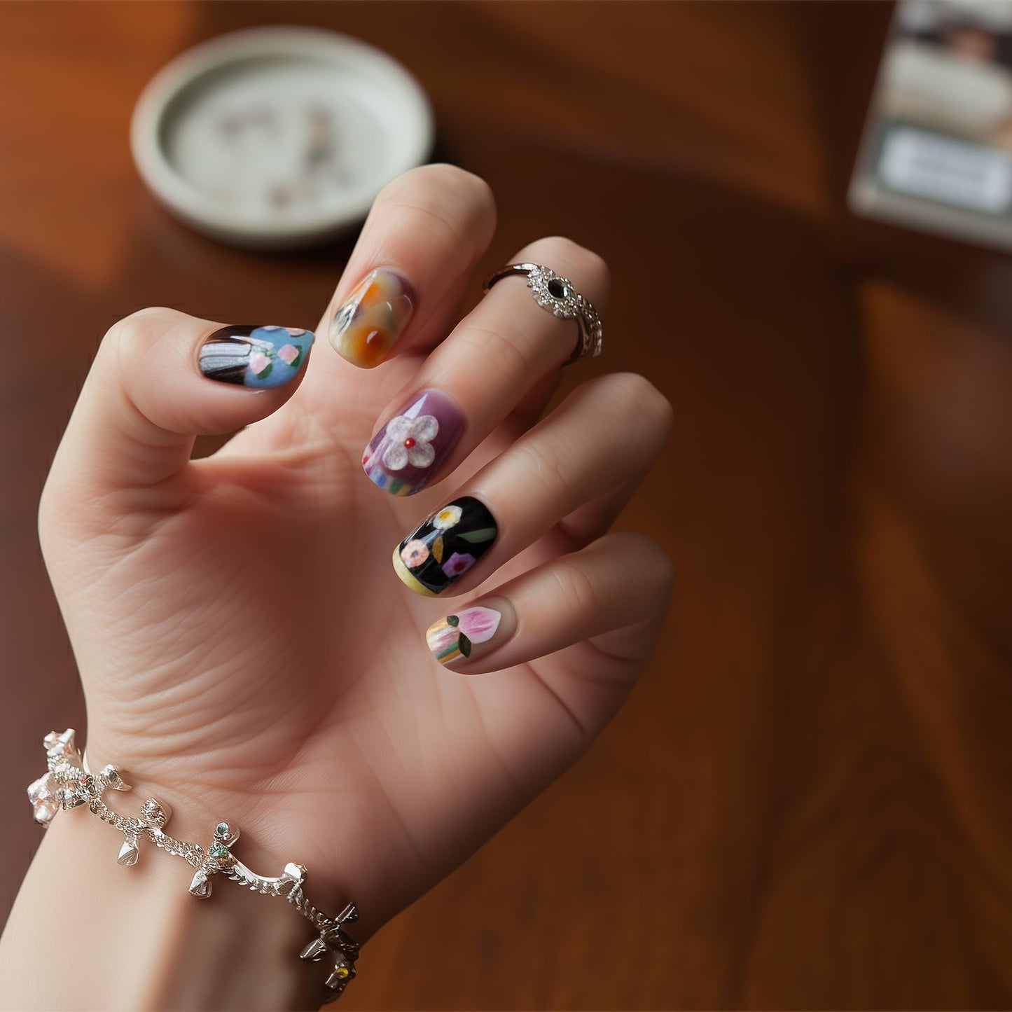 Fine Point Short Handmade Press On Nails – 10PCS Floral & Artistic Design Set, Reusable Acrylic Nail with 3D Art, Salon-Quality Nails for Weddings | Whispering Garden (Size Medium)
