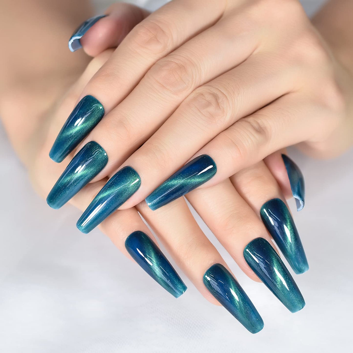 ELEVENAIL Press On Nails Glossy Super Long Coffin Gel Stick On Fake Nails Salon DIY Acrylic Manicure Reusable Dark Blue Cat Eye False Acrylic Nail Art Tips