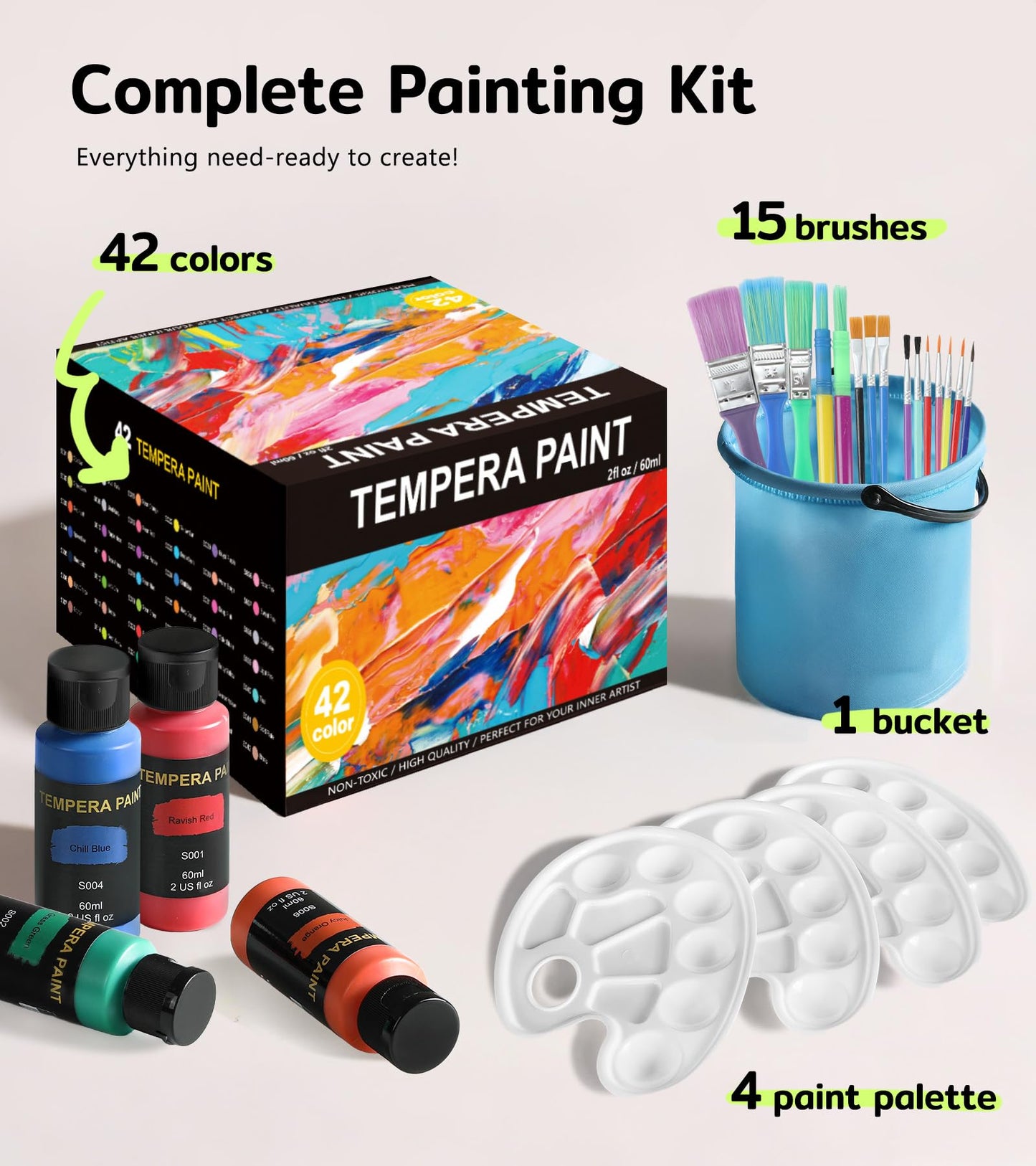 TMOL Washable Paint for Kids 42 Colors,Non-Toxic, Safe & Washable for Toddlers, Tempera Paint with Brushes, Palette & Bucket, School Project Art Supplies
