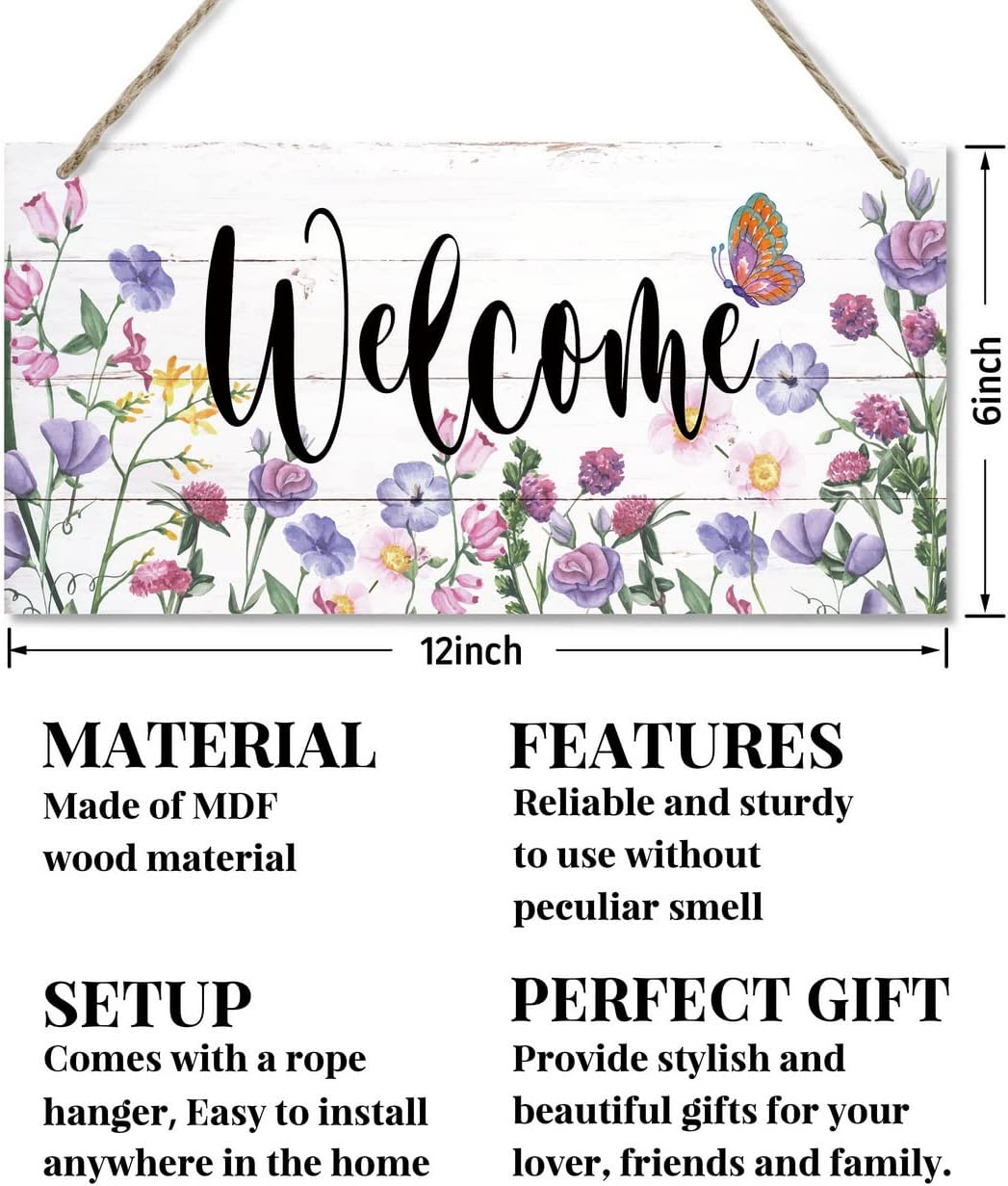 Welcome Decor Sign, Hanging Wood Sign Home Decorative, Printed Wood Wall Art Sign, Flower Welcome Sign, Yard Garden Welcome Sign, Porch Decor Sign, Farmhouse Front Door Decor Sign 12 * 6inch