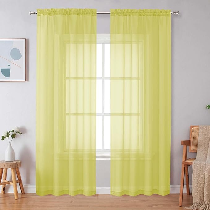 Simplebrand Lemon Sheer Curtains 84 Inches Long, Light Filtering Rod Pocket Solid Color Window Sheer Curtain Panels, Elegant Curtains & Drapes for Living Room, Bedroom 2 Panels (Lemon, 42" W x 84" L)