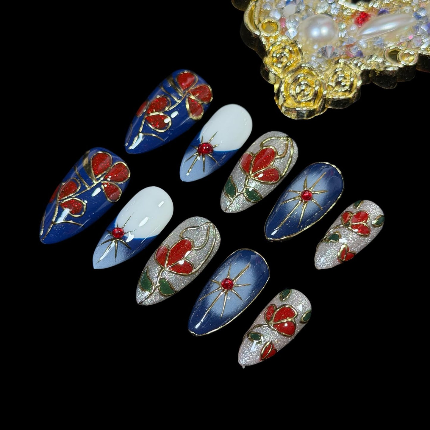 Handmade Press On Nails, Medium Almond Hand-Painted Floral Design, Luxury Blue & Red Art with Gold Outline Design, Reusable Acrylic Fake Nails Set Enamel (M)