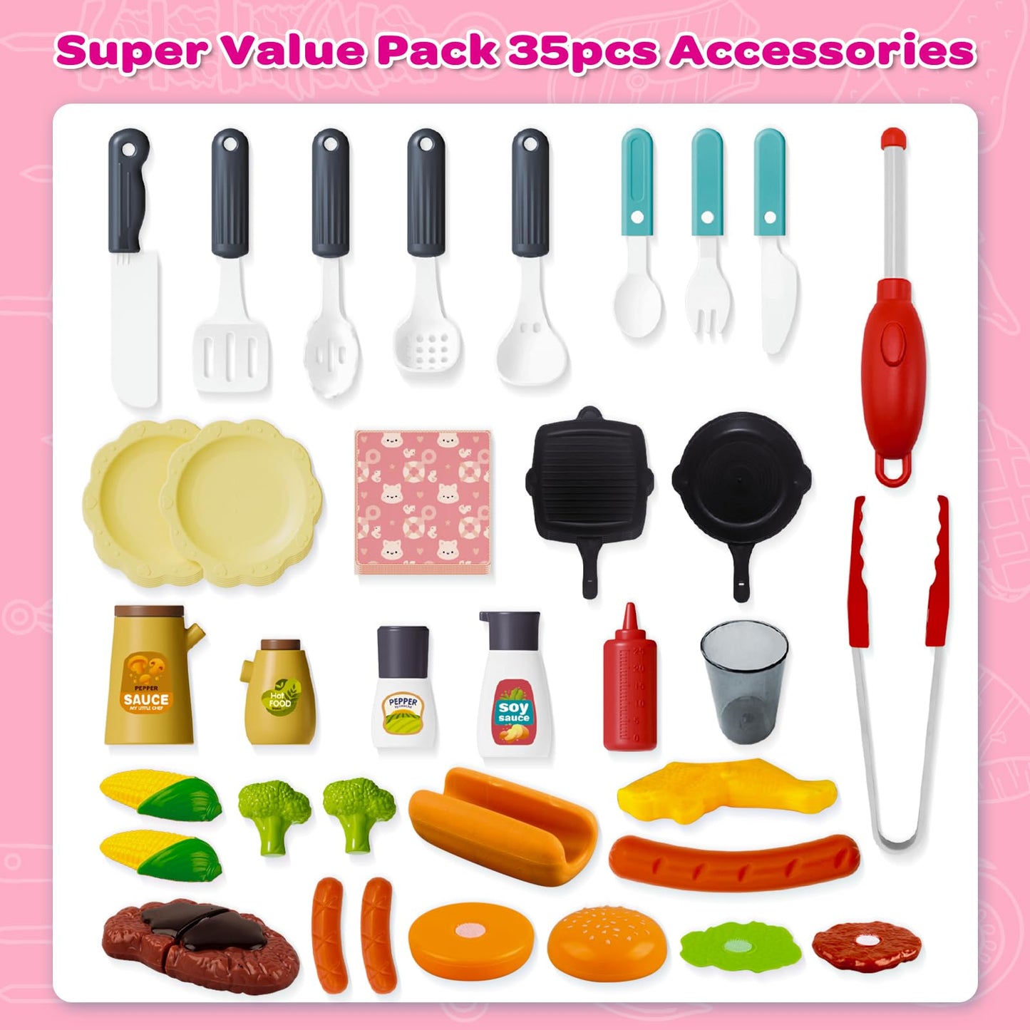 AuroTops Pink Kitchen Toy Set, Kids Grill Playset with Smoke, Sound & Light, Little Chef Play,Cooking Interactive Toys Christmas Birthday Gift