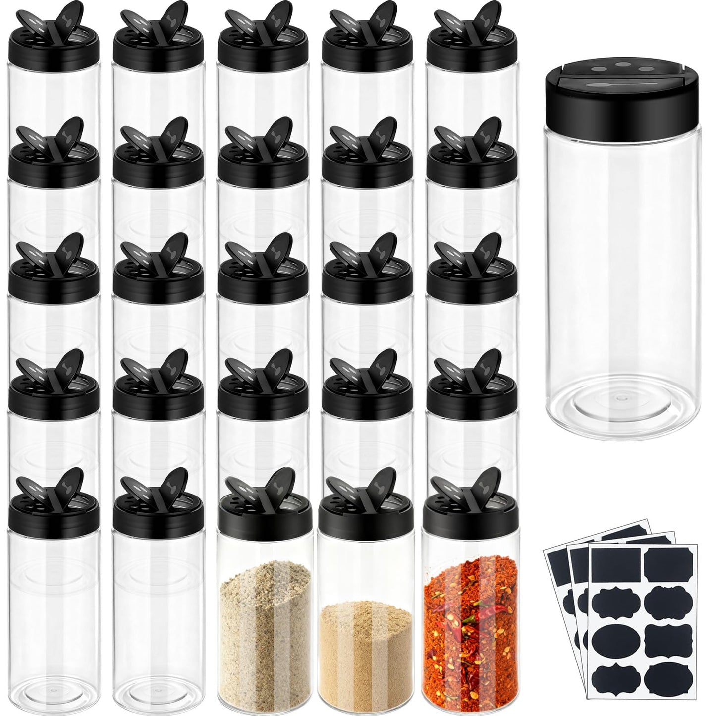 24 Pack 16 Oz Plastic Spice Jars Bottles Empty Seasoning Bottles Containers Small Clear Spice Shaker and Stickers with Black Cap for Storing Spices, Salt, Herbs