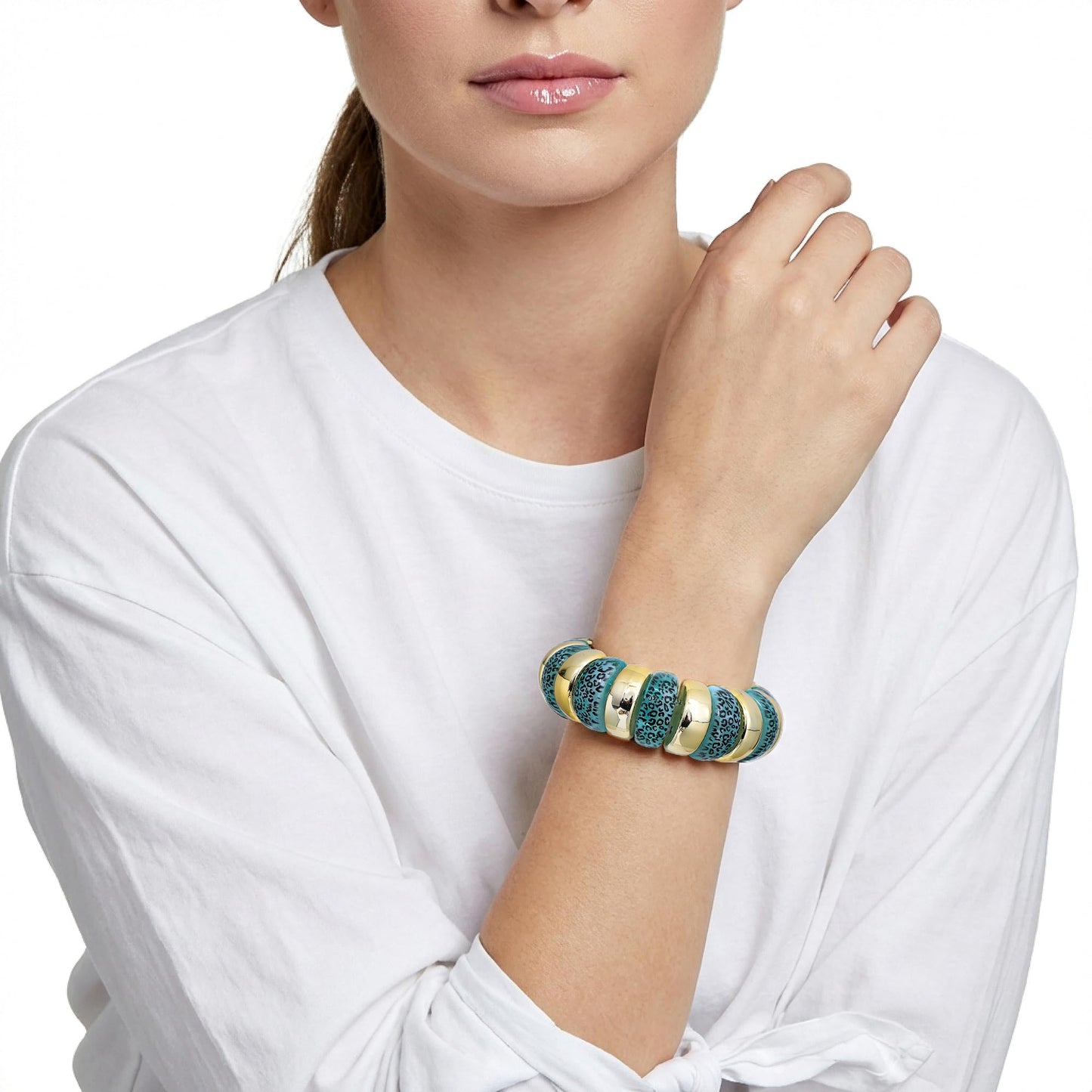 GOOJIDS Leopard Beaded Gold Plated Bangles Bracelet Chunky Bamboo Tube Curved Stacking Clear Acrylic Colorful Beads Stretchable Plated Bracelets Set For Women