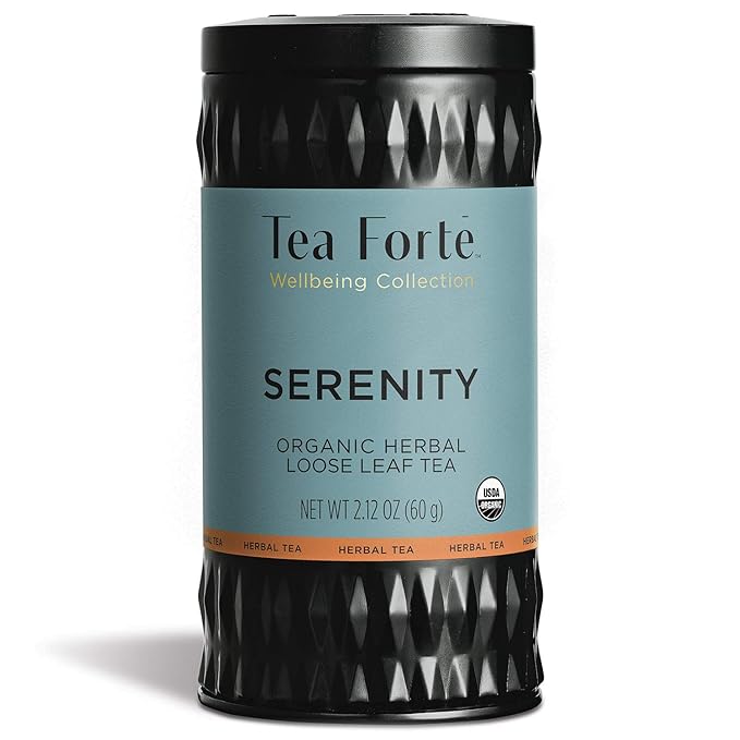 Tea Forte Serenity Premium Organic Loose Leaf Caffeine-Free Herbal Tea Blend Canister, Makes 35-50 Cups
