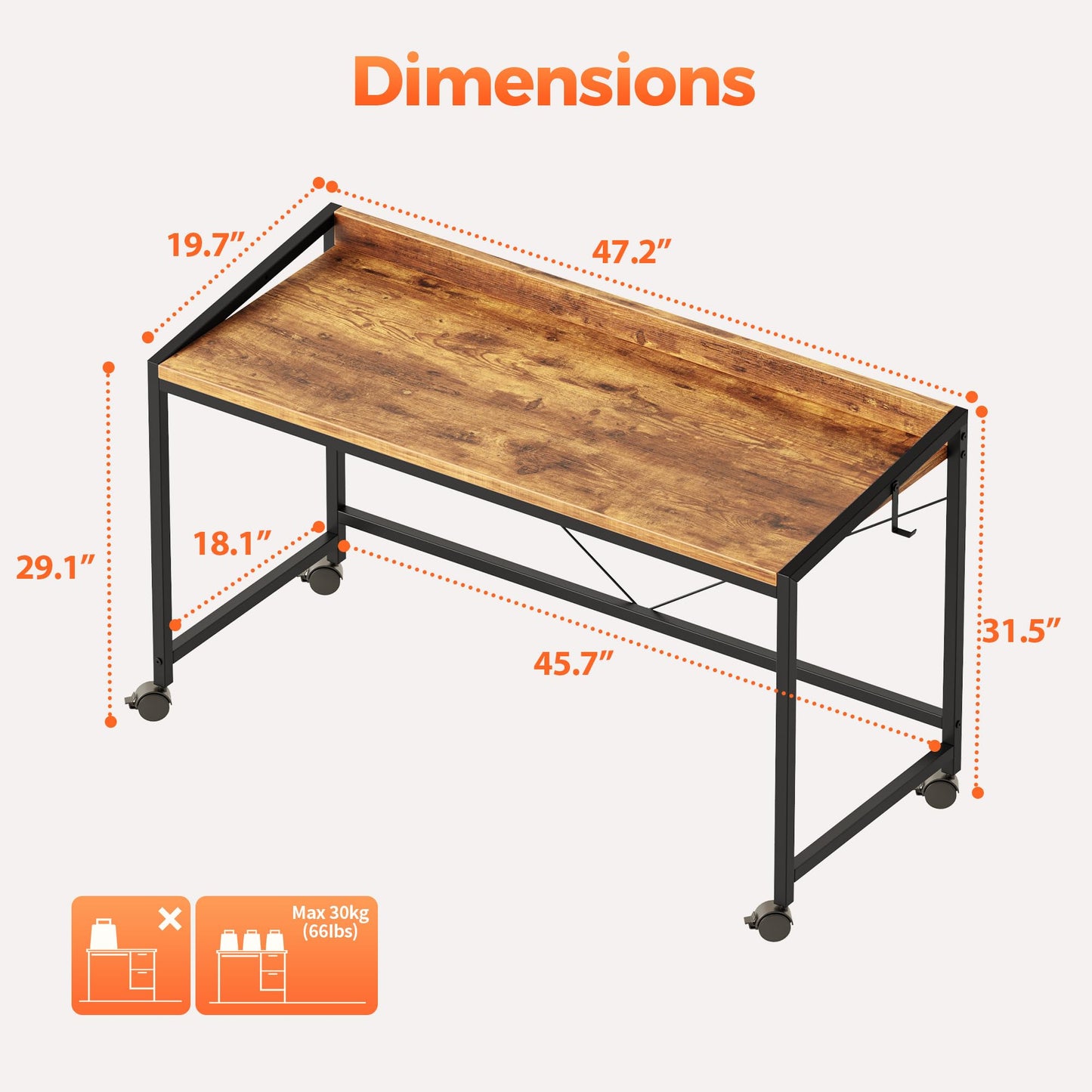 Mericonia 48 inch Rolling Computer Desk with Wheels, Gaming Desk for Small Spaces, Modern Simple Style Table for Home Office, Study Writing Table