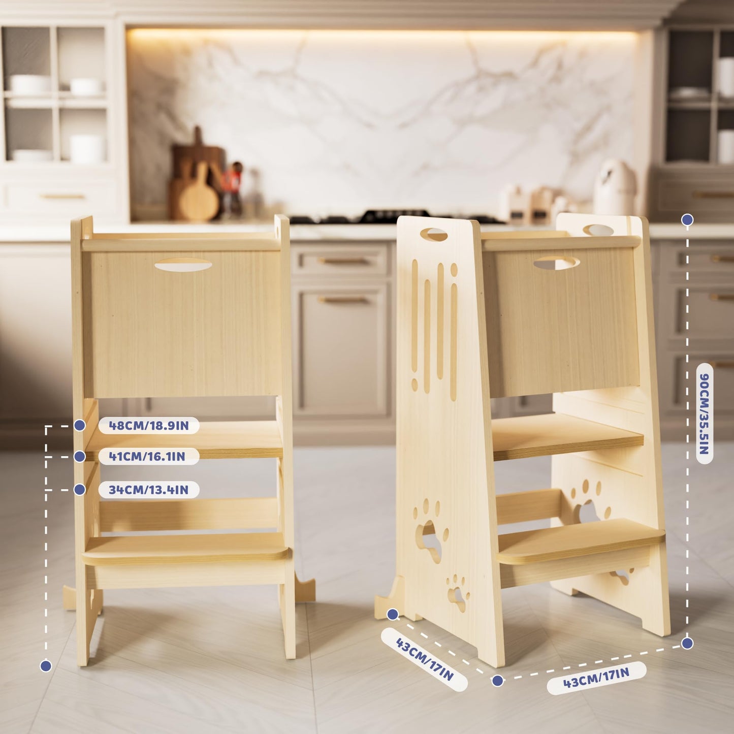 Toddler Tower,Height-Adjustable Step Stool with Sliding Safety Door,Easy to Adjust Height,Suitable for Kids from 18 Months to 5 Years Old,Anti-tilt Kitchen Step Stool with Safety Feet-Natural