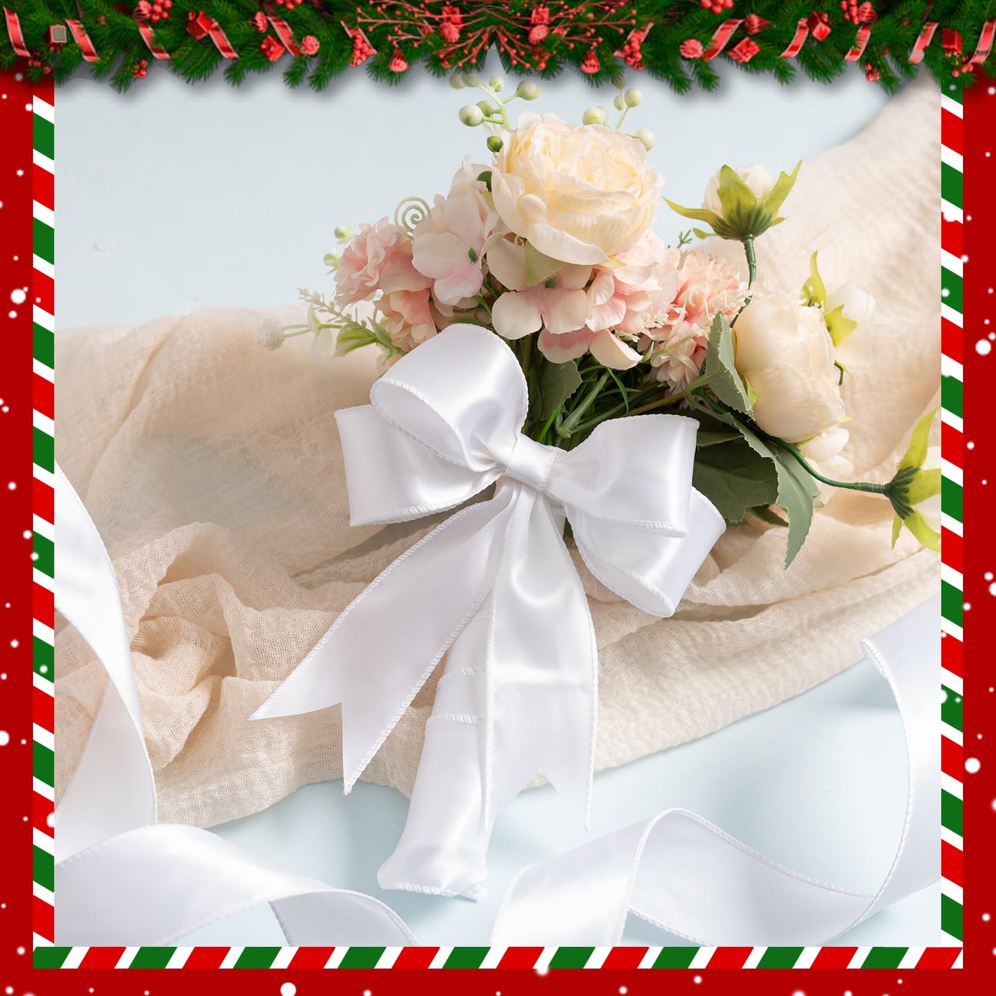 FAKILO White Satin Wired Ribbon 1.5 Inch X 20 Yards White Christmas Ribbon Wired for Gift Wrapping Christmas Tree Decoration Bows Making Wreath DIY Crafts Wedding Decor and Home Decor