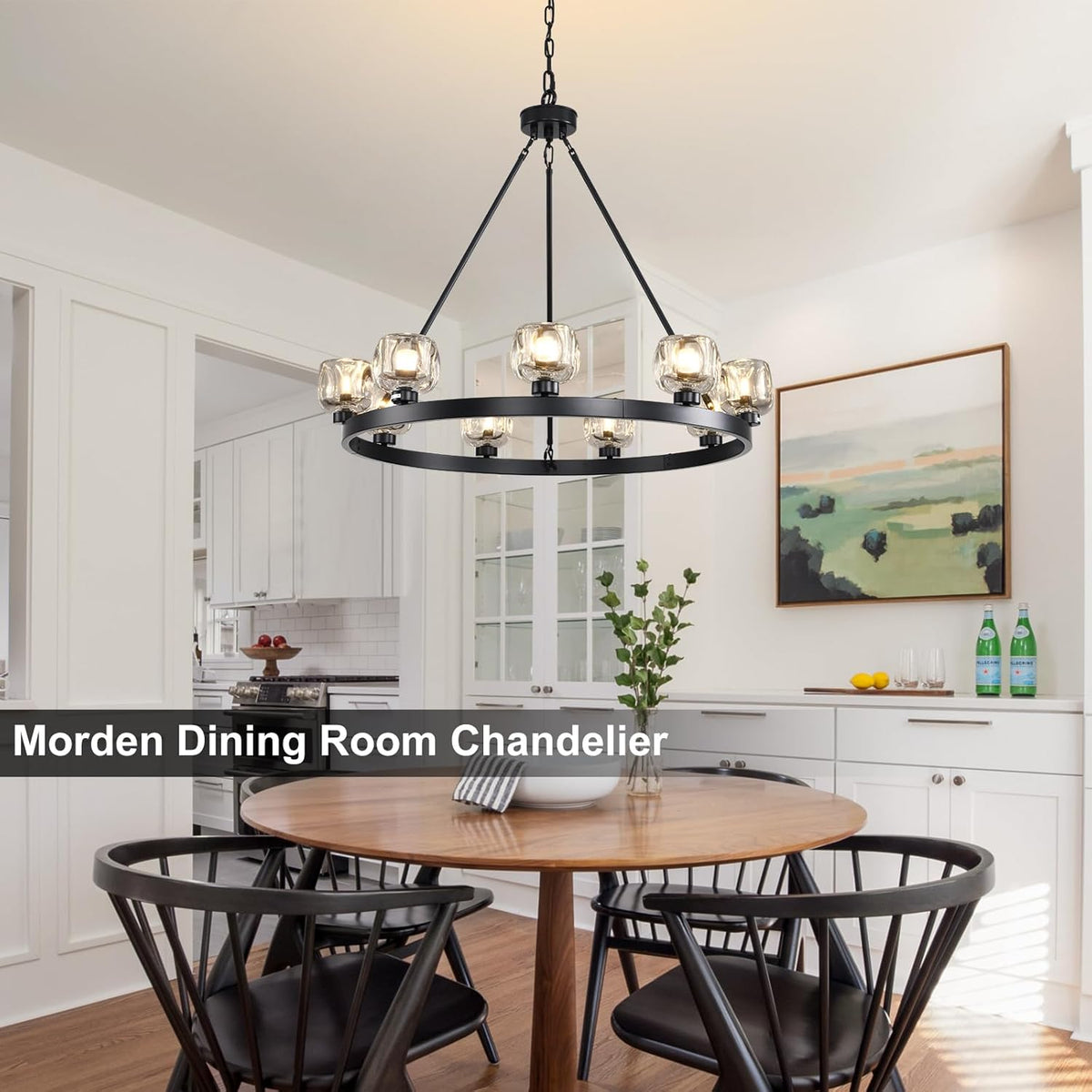 Black Wagon Wheel Chandelier, 36 Inch Black Chandeliers with Unique Glass Shade, 9-Light Crystal Farmhouse Wagon Wheel Chandeliers for Dining Room, Round Chandelier for Living Room, Foyer, Entryway