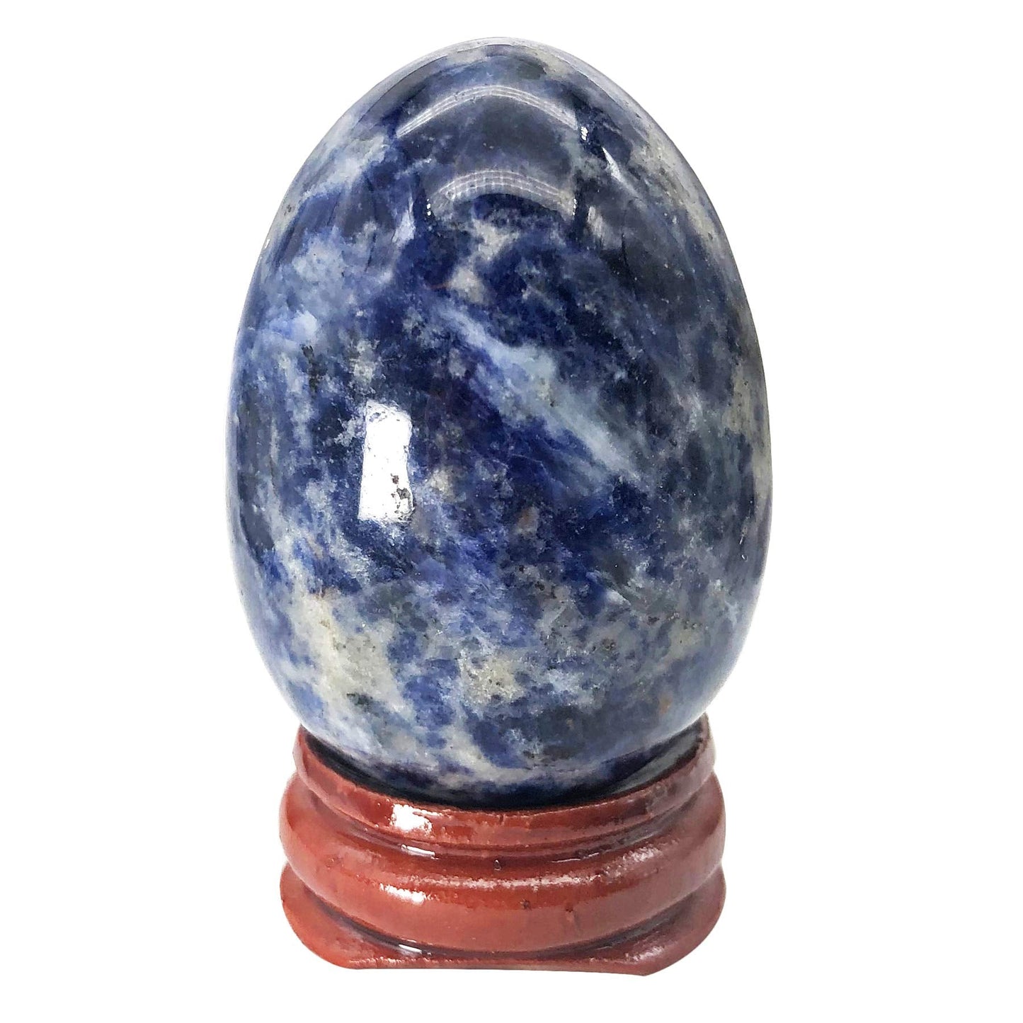 Fekuar Stone Egg Figurine, Polished Healing Crystal Easter Eggs Sphere Sculpture with Wood Stand, Natural Sodalite, 1.8"