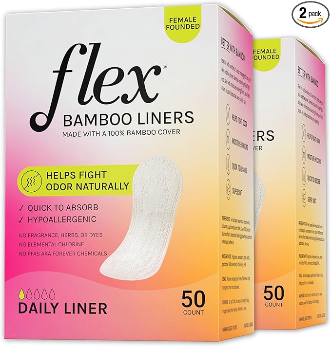 Flex Bamboo Panty Liners | Ultra Thin Daily Pantyliners | Comfortable Fragrance-Free Feminine Care Liners | 100% Bamboo | 7.08” Long, 10mL Absorbency | Helps Fight Odor | (2-Pack, 100 Liners Total)