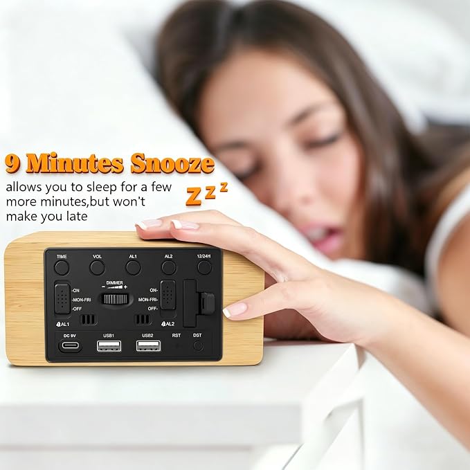 URAYCO Wood Digital Alarm Clock with 10W Fast Wireless Charger, USB Charging Ports, DST, Dimmable, Snooze, Large Number LED Display for Bedrooms, Desk, Living Room Table, Bedside, Nightstand (Bamboo)