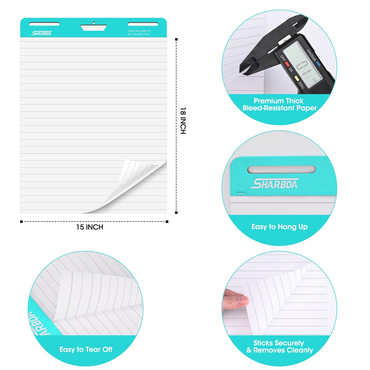 SHARBDA Lined Sticky Easel Pad, 15 * 18 inch,Self-Stick Flip Chart Paper, Super Adhesive & Bleed-Resistant,Micro-Perforated Tear,Classroom Teacher Office Presentation Pads,3 Pads/Pack,90Sheets