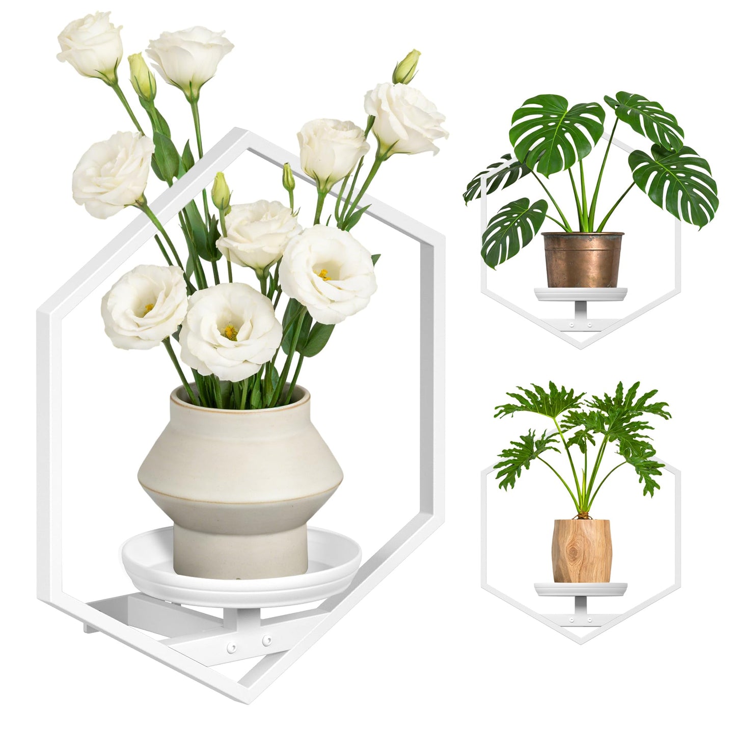 BXF Hexagon Floating Frame Plant Stand - 3 Pack Metal Wall Mounted Planters - Minimalist Geometric Hanging Decor for Indoor Succulents & Air Plants,White