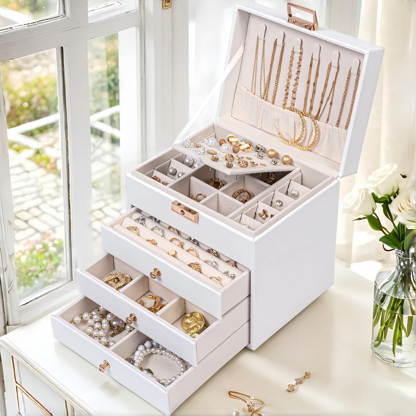 Vandozis Leather Jewelry Box with Lock for Women, 4-Tier 3-Drawer Jewelry Organizer, Large Capacity Vanity Storage Case for Earrings Rings Necklaces, Gift for Her (White)