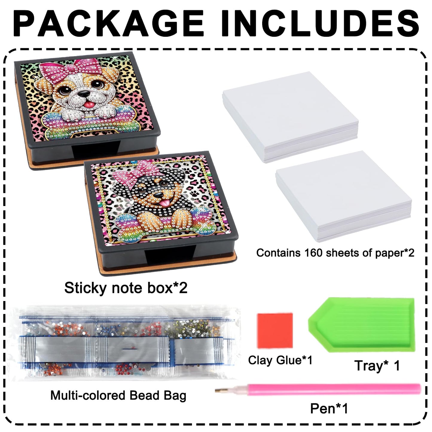 Formeydemi 2 pcs Dog Diamond Painting Kit Note Box,Animal Memo Paper Storage Box Diamond Art,Sticky Note Holder Diamond Art,Diamond Painting Memo Pad For Office Desk. (Animal)