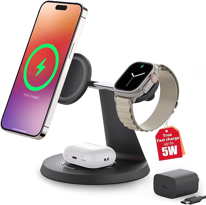 3 in 1 Wireless Charging Station for Apple Device: Fast Charging Station for iPhone and Watch with MagSafe, Stable Charger Stand for iPhone 12-16 & iWatch & AirPods